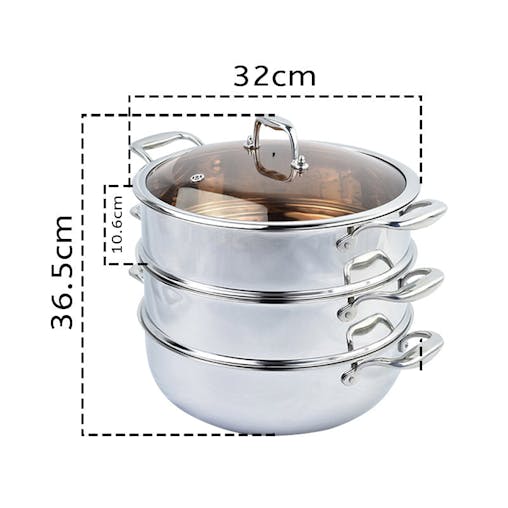 SOGA 3 Tier 32cm Heavy Duty Stainless Steel Food Steamer Vegetable Pot Stackable Pan Insert with Glass Lid
