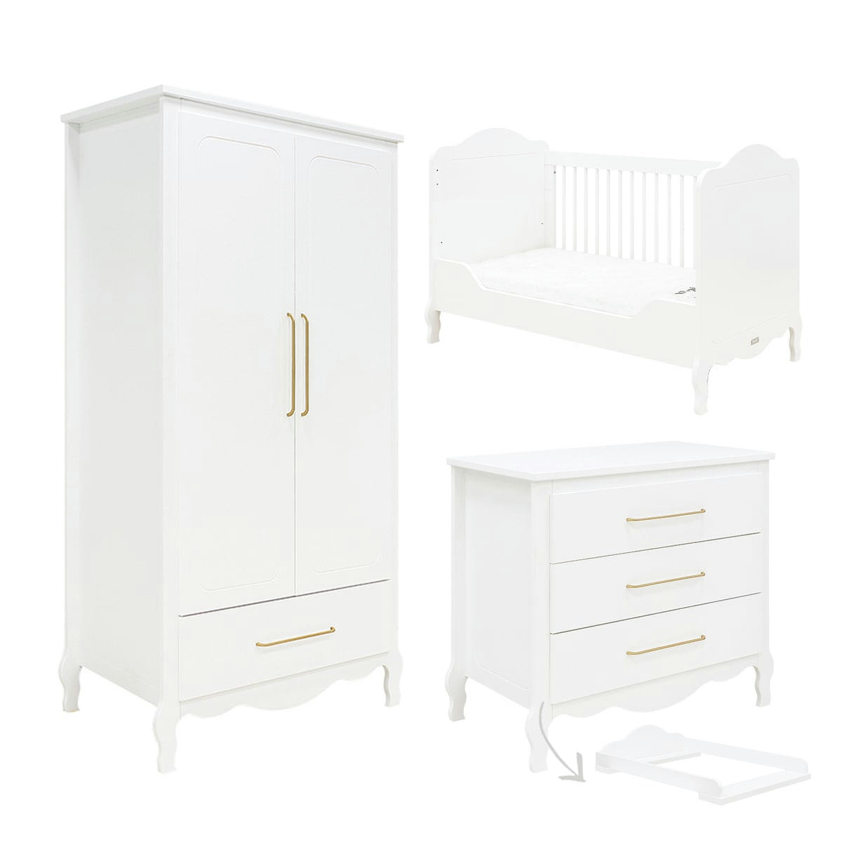 TRIO - ELENA - Chambre bébé : Trio - lit évolutif 70x140 commode armoire blanc