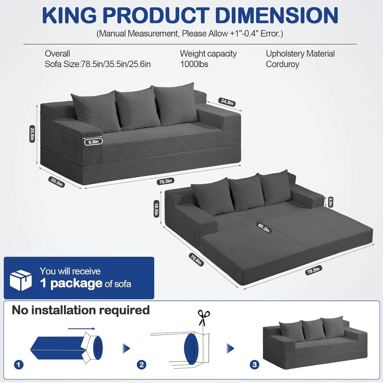 2 in 1 Convertible Boneless Couch Bed, Corduroy futon Sofa Bed, Compression Folding Floor Couch Sofas Bed with 3 Pillows for Bedroom, Small Space Guest and Living Room Sofa (Grey, 78 Inches)