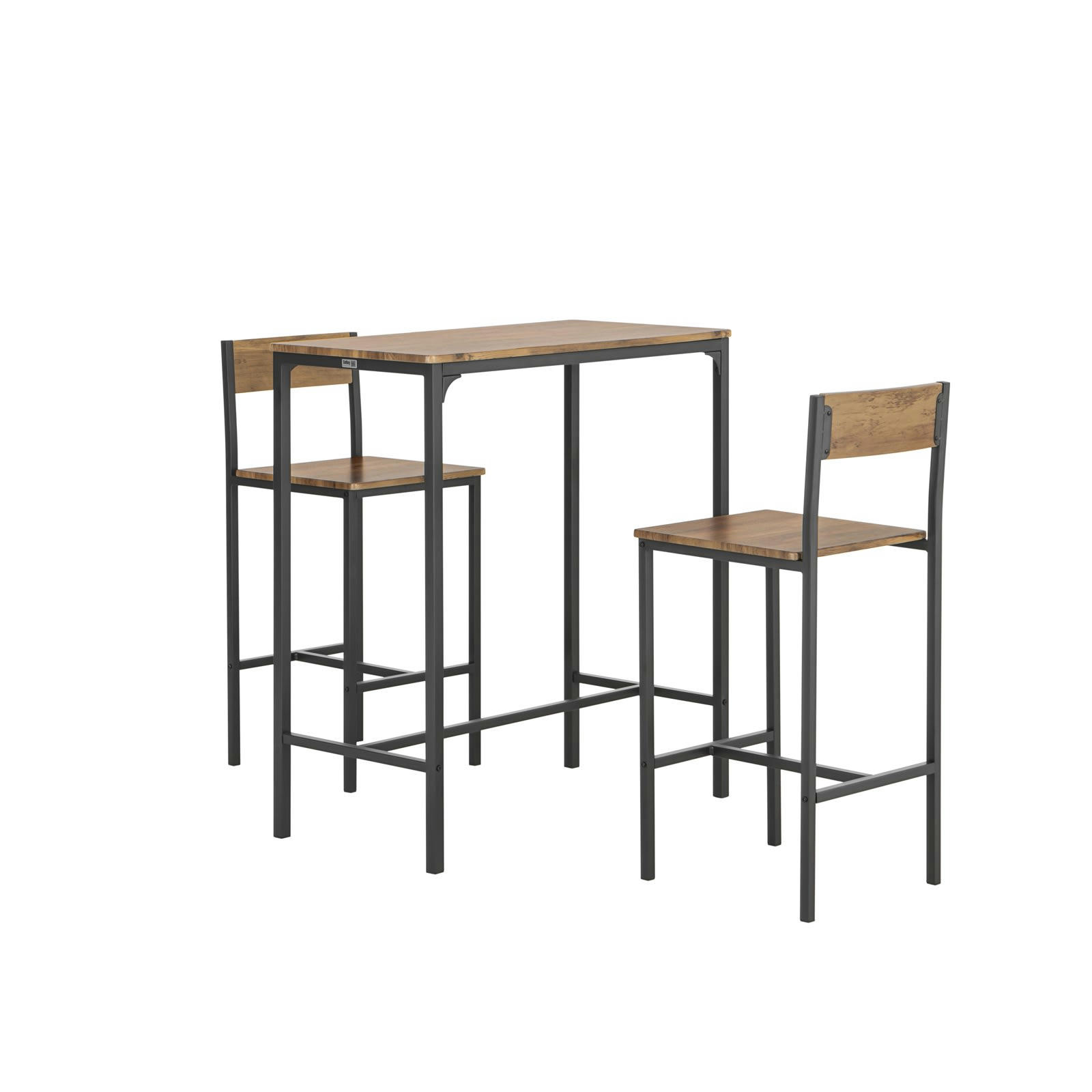 - Ensemble de table et 2 chaises de bar effet bois et métal noir