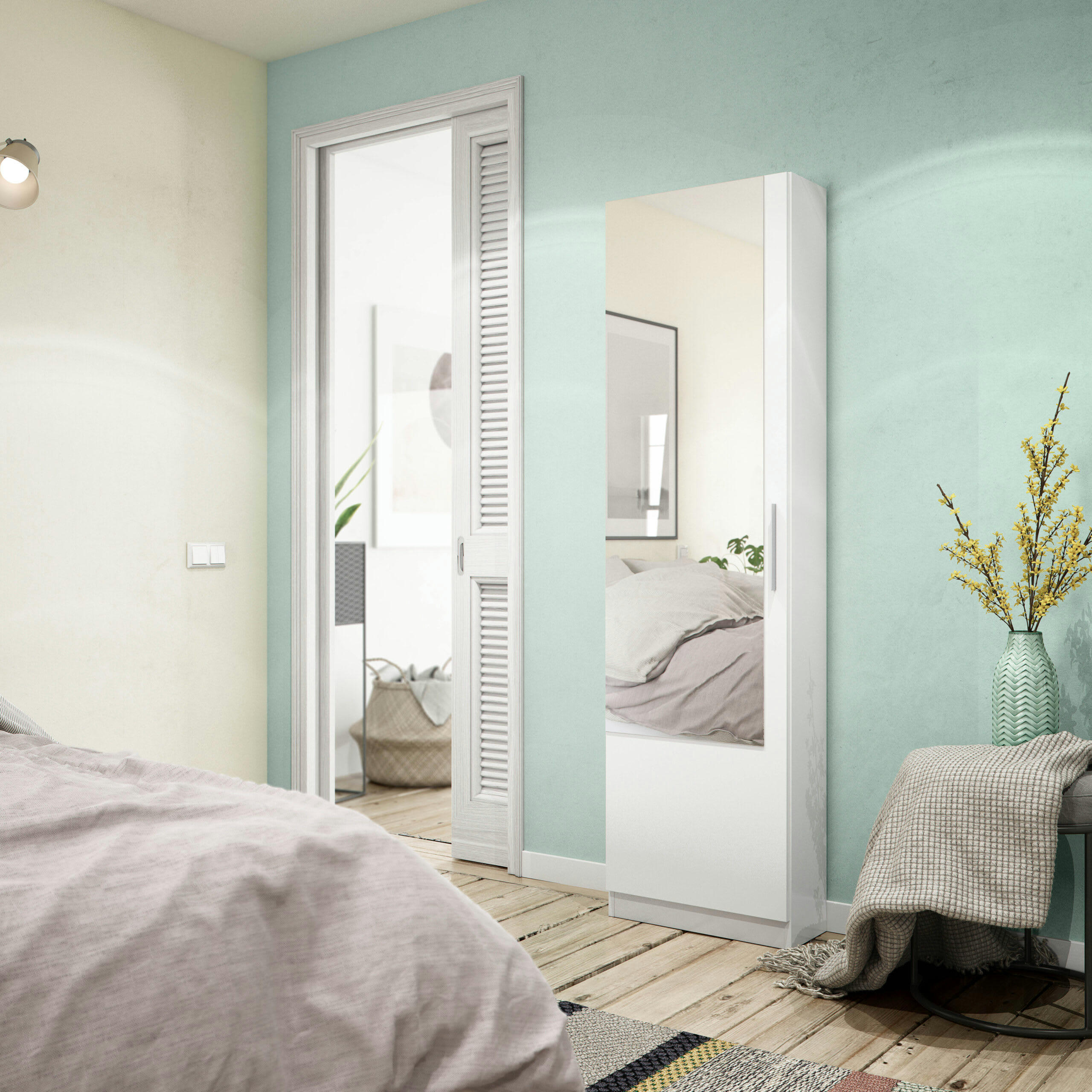 KRISTAL - Meuble à chaussures 1 porte avec miroir blanc - H180 x L50 cm