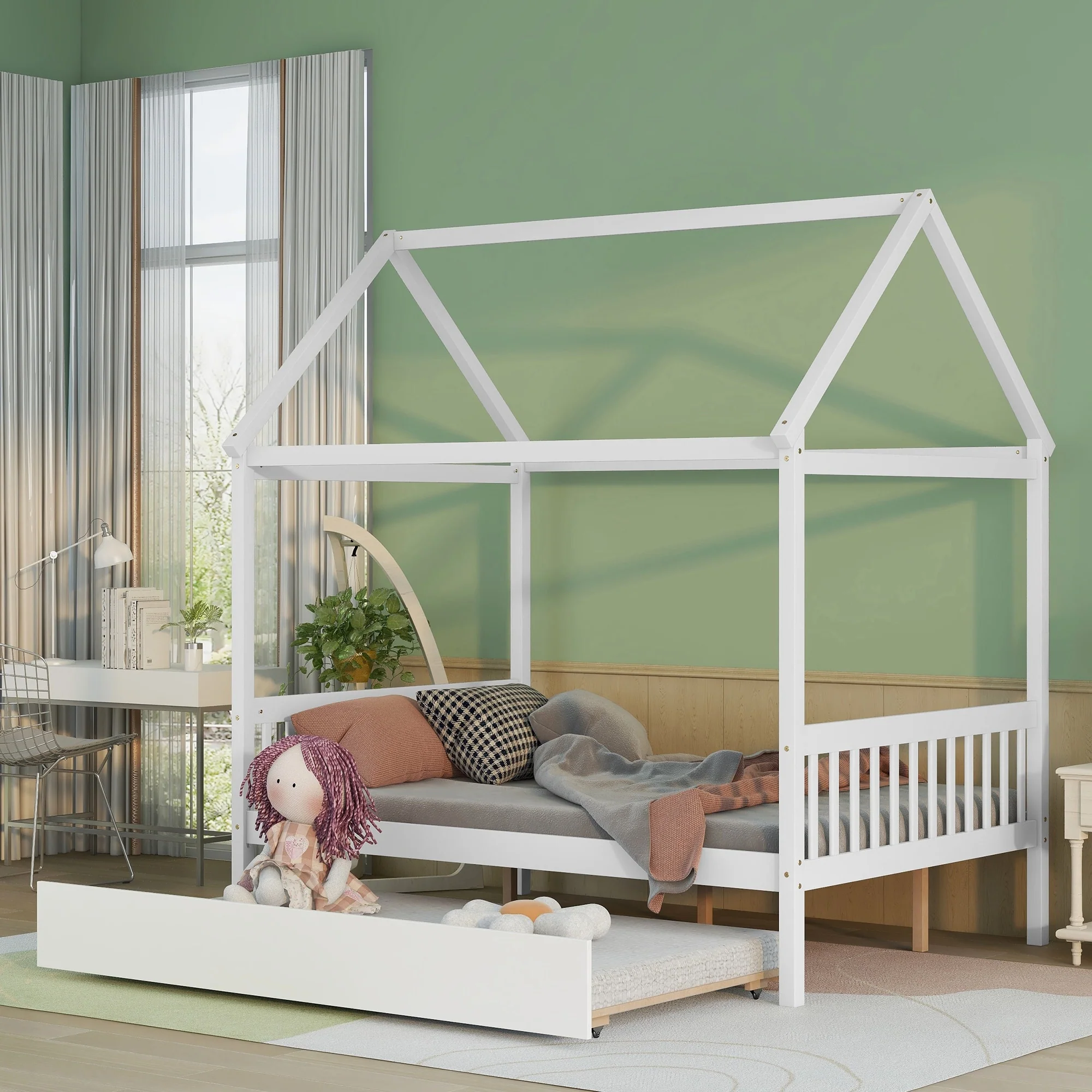 White Full Wood House Bed with Trundle & Roof