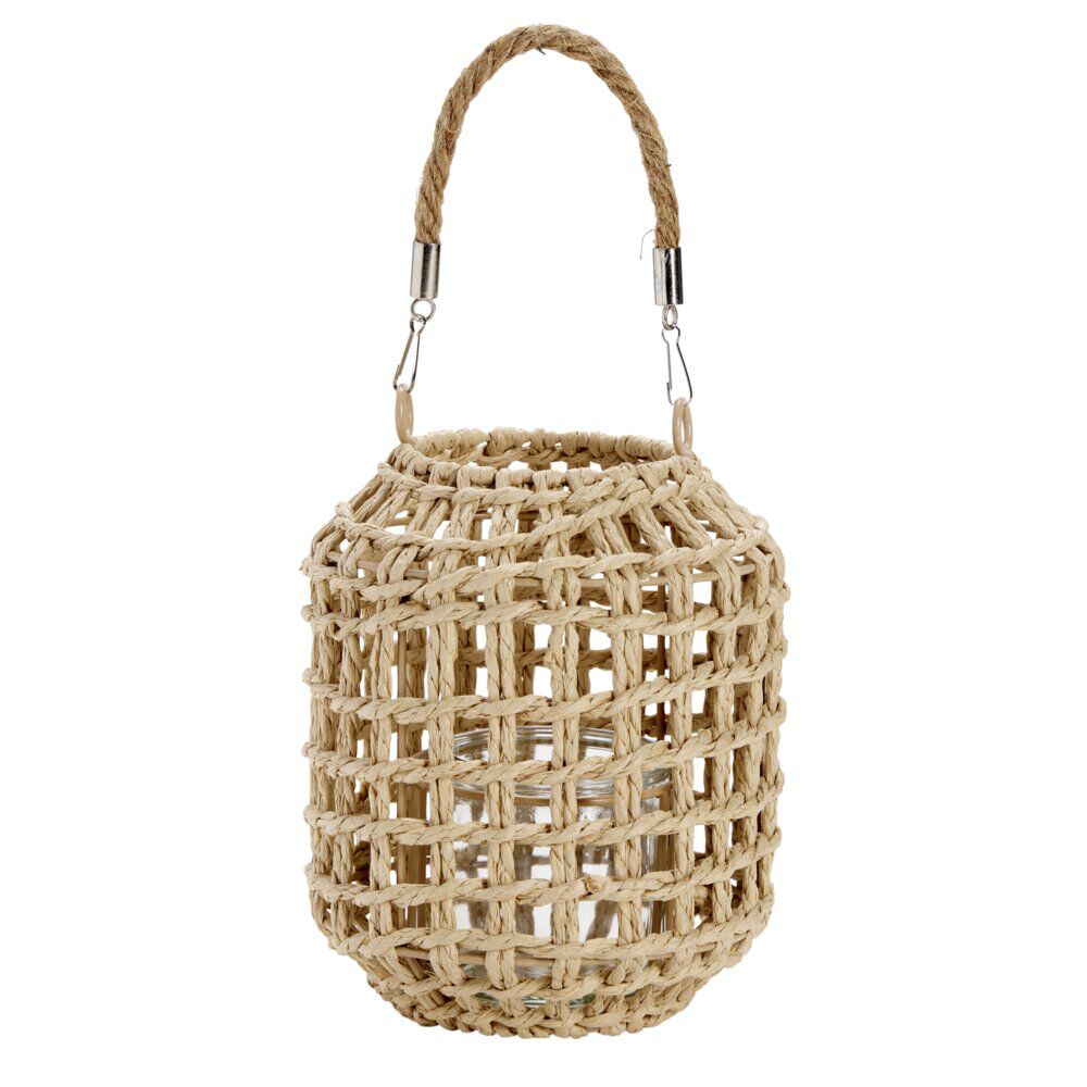Lanterne décorative verre et papier tressé beige Ø15xH18cm