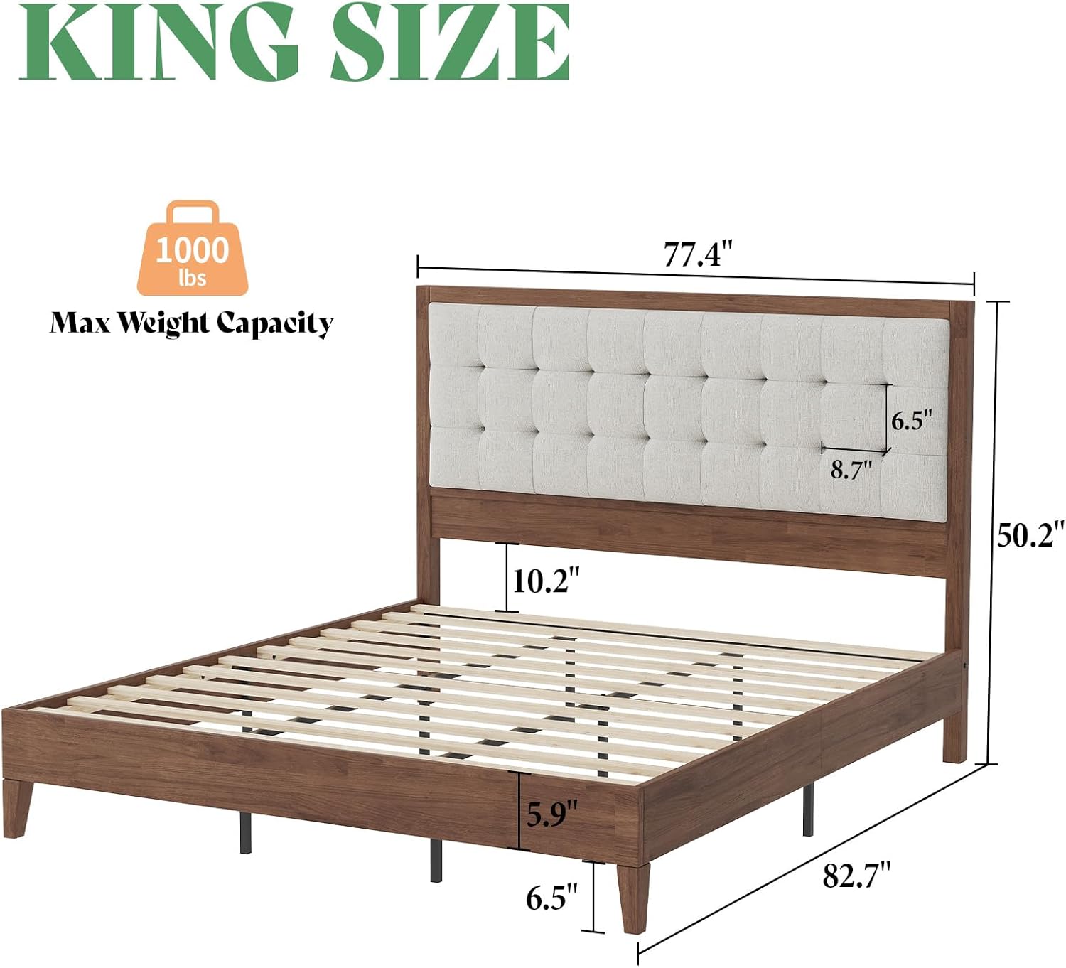 AMERLIFE King Size Bed Frame and Headboard, Solid Wooden Bed Frame King Size Platform Bed Frame Mid-Century Style, No Box Spring Required, Walnut | Back Support, Noise-Free, Easy Care, Sturdy Frame, Breathable Material