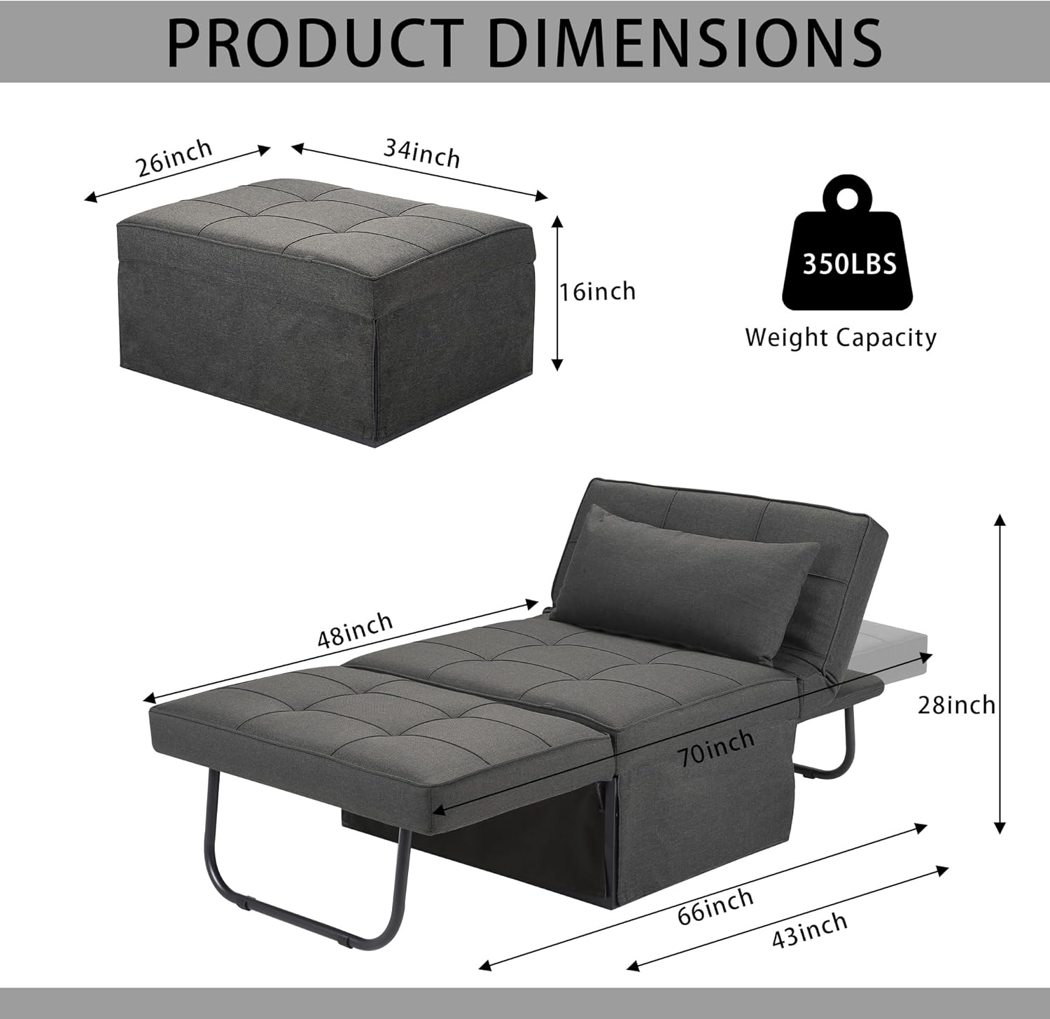 BIGSYY Sofa Bed, Set of 4 in 1 Multi-Function Folding Ottoman Breathable Linen Couch Bed with Adjustable Backrest Modern Convertible Chair for Living Room Apartment Office, Dark Grey