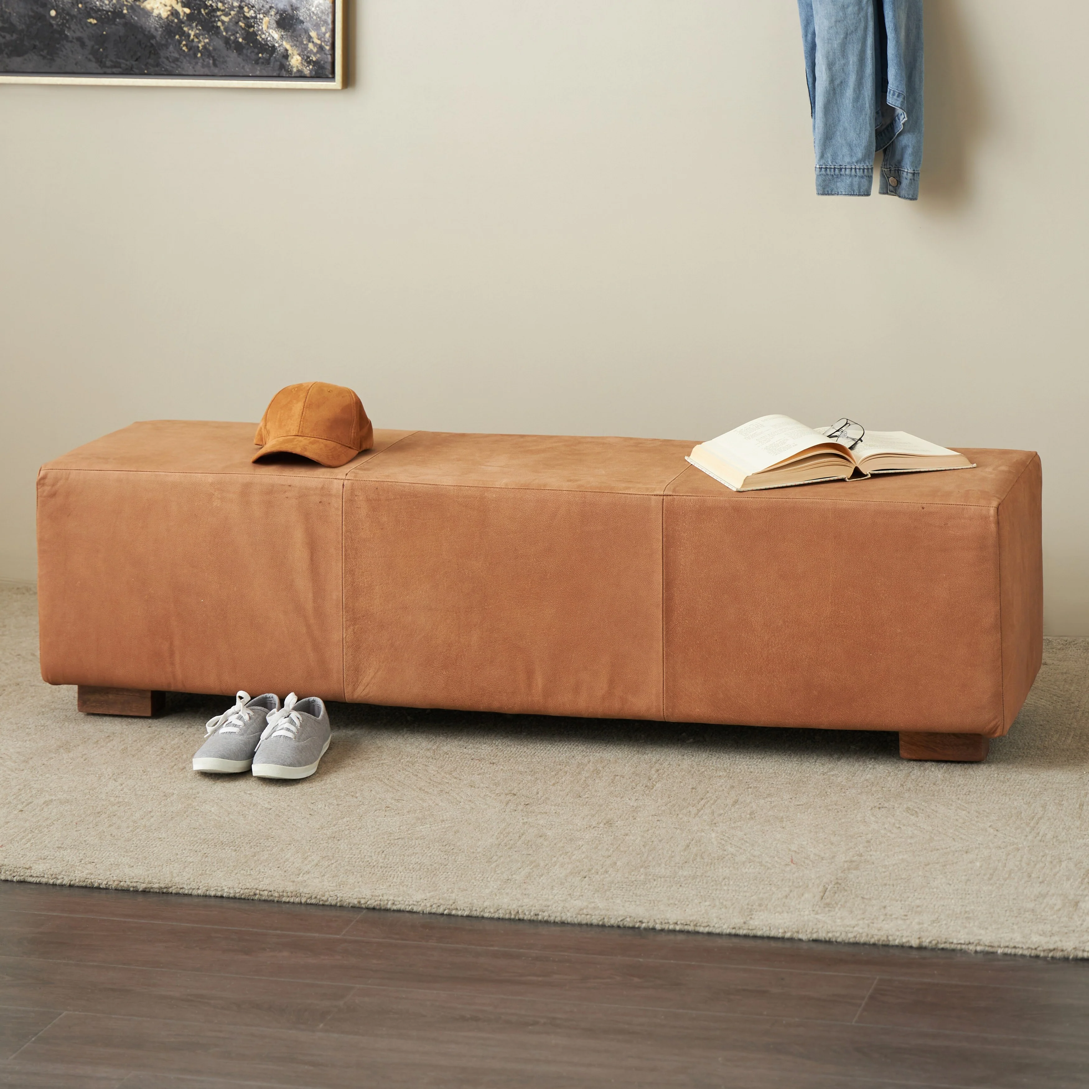 Leather Upholstered Home Bench with Wood Legs - Copper - Roche River Decor - 17W x 61L x 15H