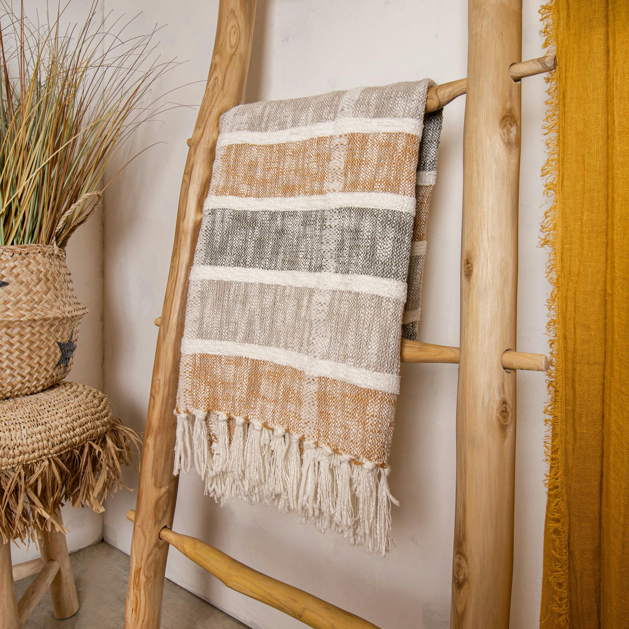 SERRA - Plaid en coton et polyester gris et ocre 150cm