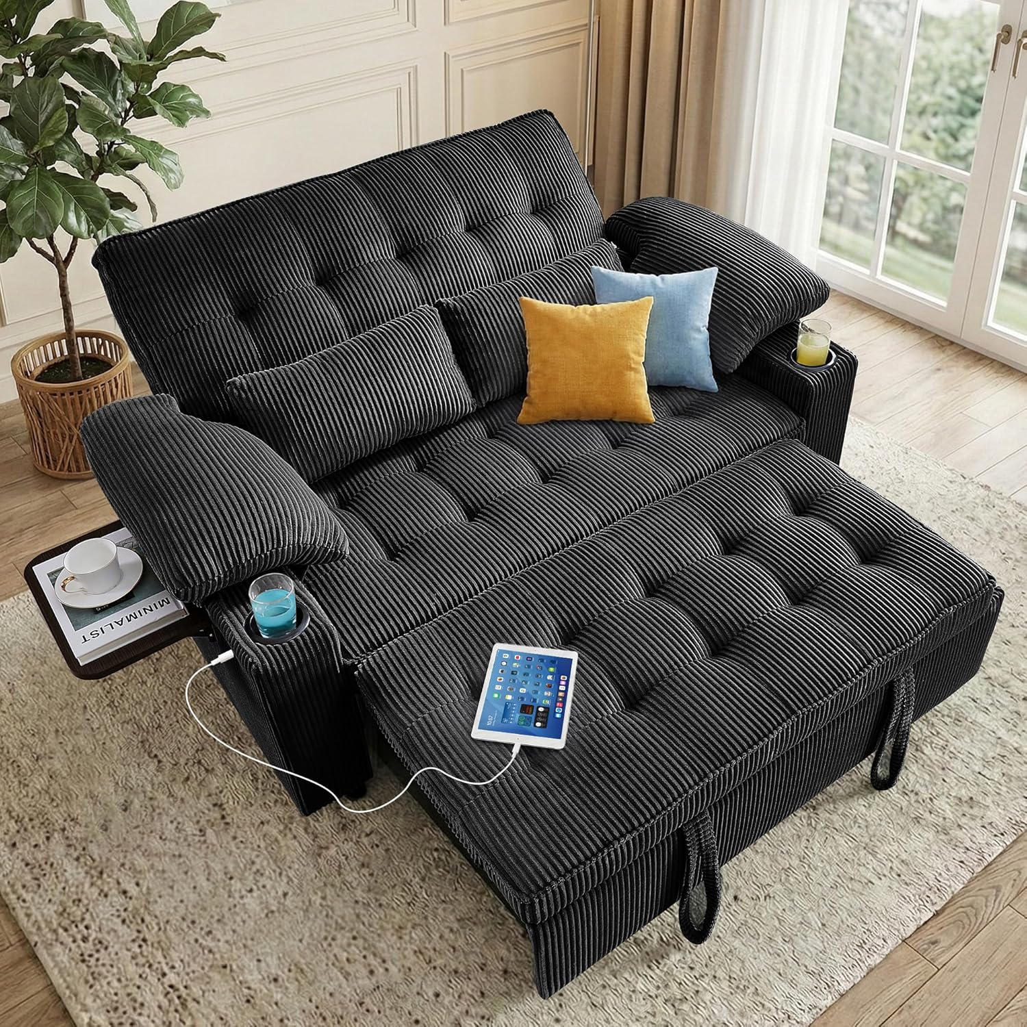 Wakefit 58in Sleeper Sofa Bed, Convertible Pull Out Couch Bed Full Size Corduroy Fabric Loveseat for Living Room, Apartment, Office(DeepBlack) | Spring Pocket Seat