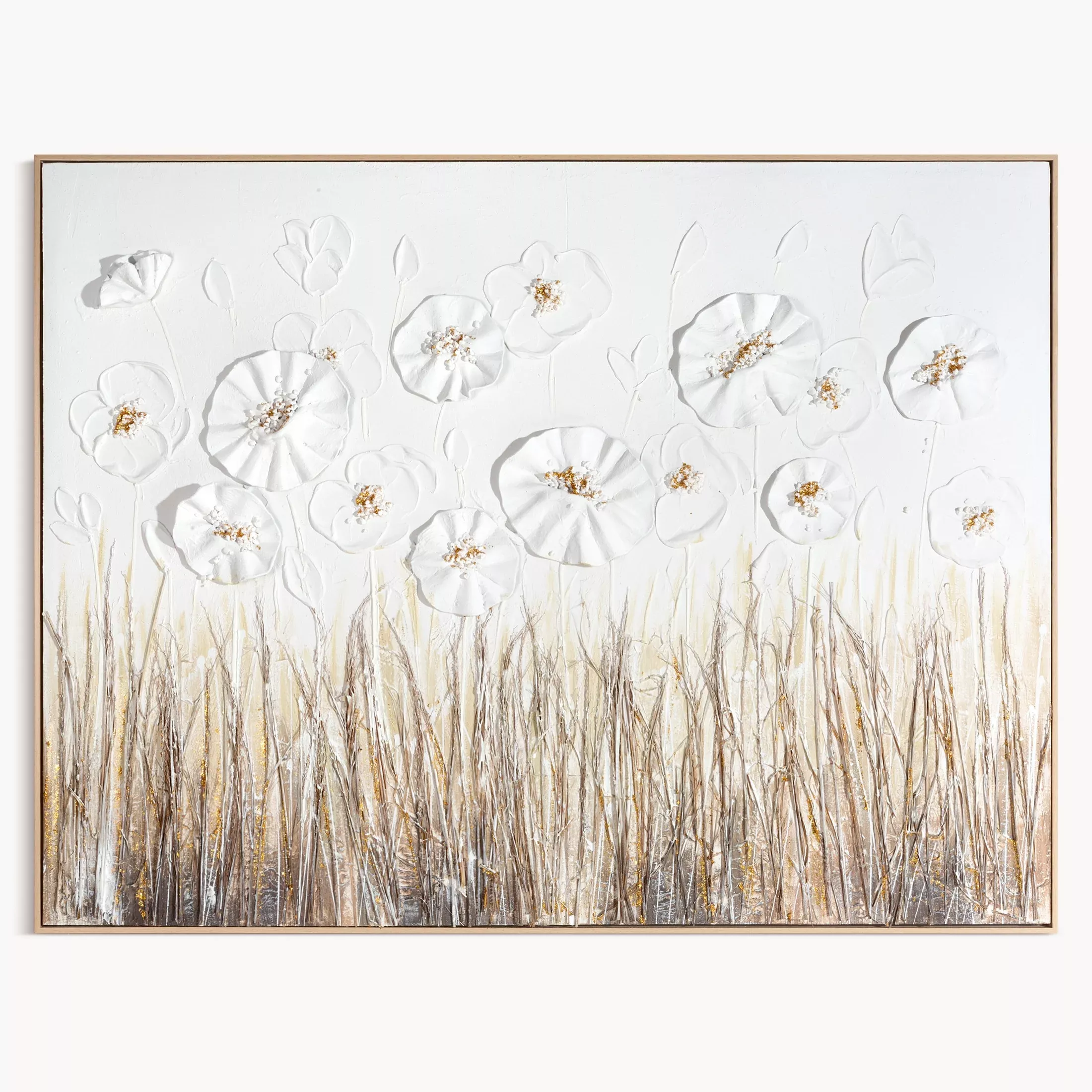 Obraz w trójwymiarowe kwiaty kremowo, złoty ręcznie malowany na płótnie oprawiony w ramę 122x92 cm