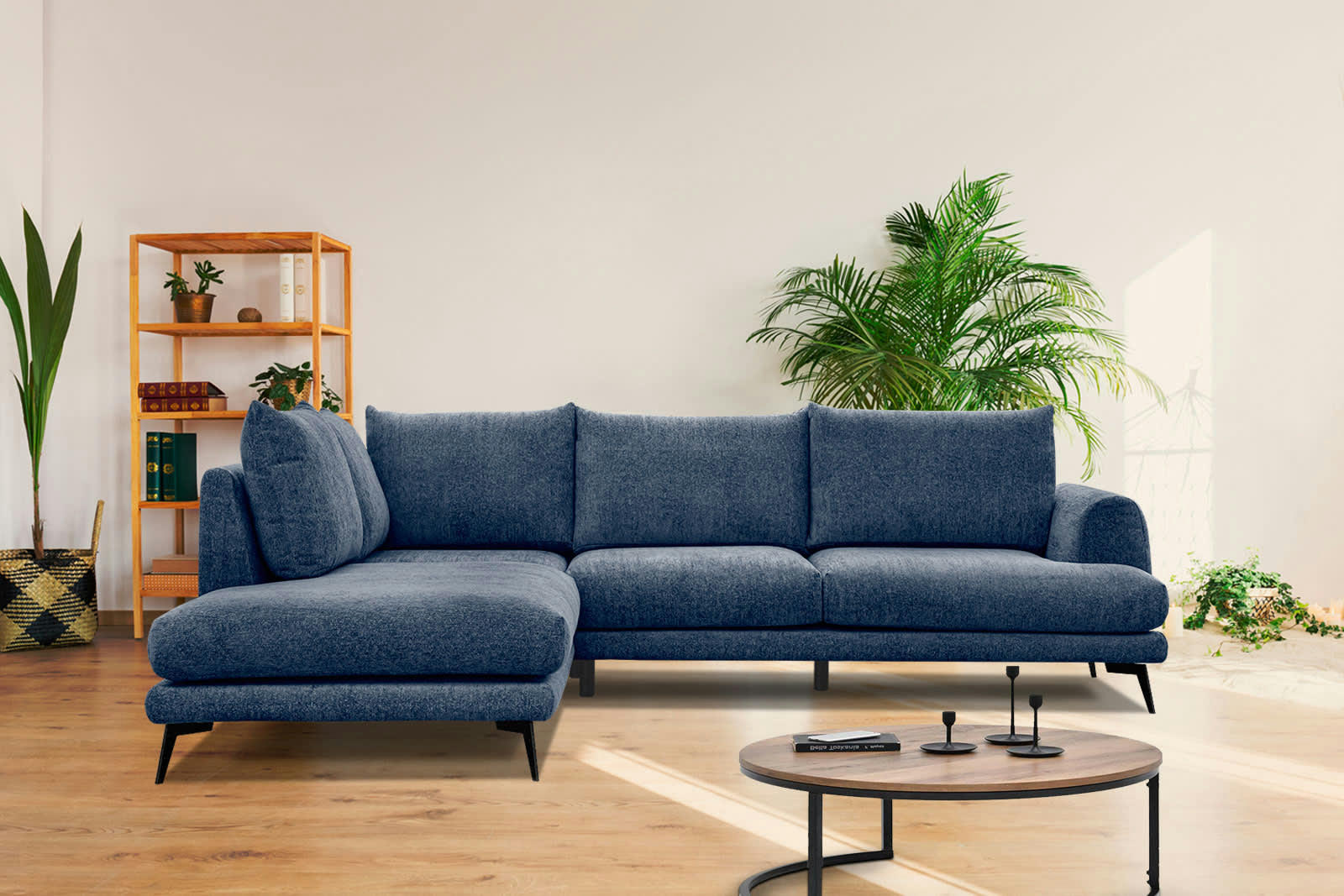 ADRIA - Canapé d'angle gauche 5 places tissu bleu foncé