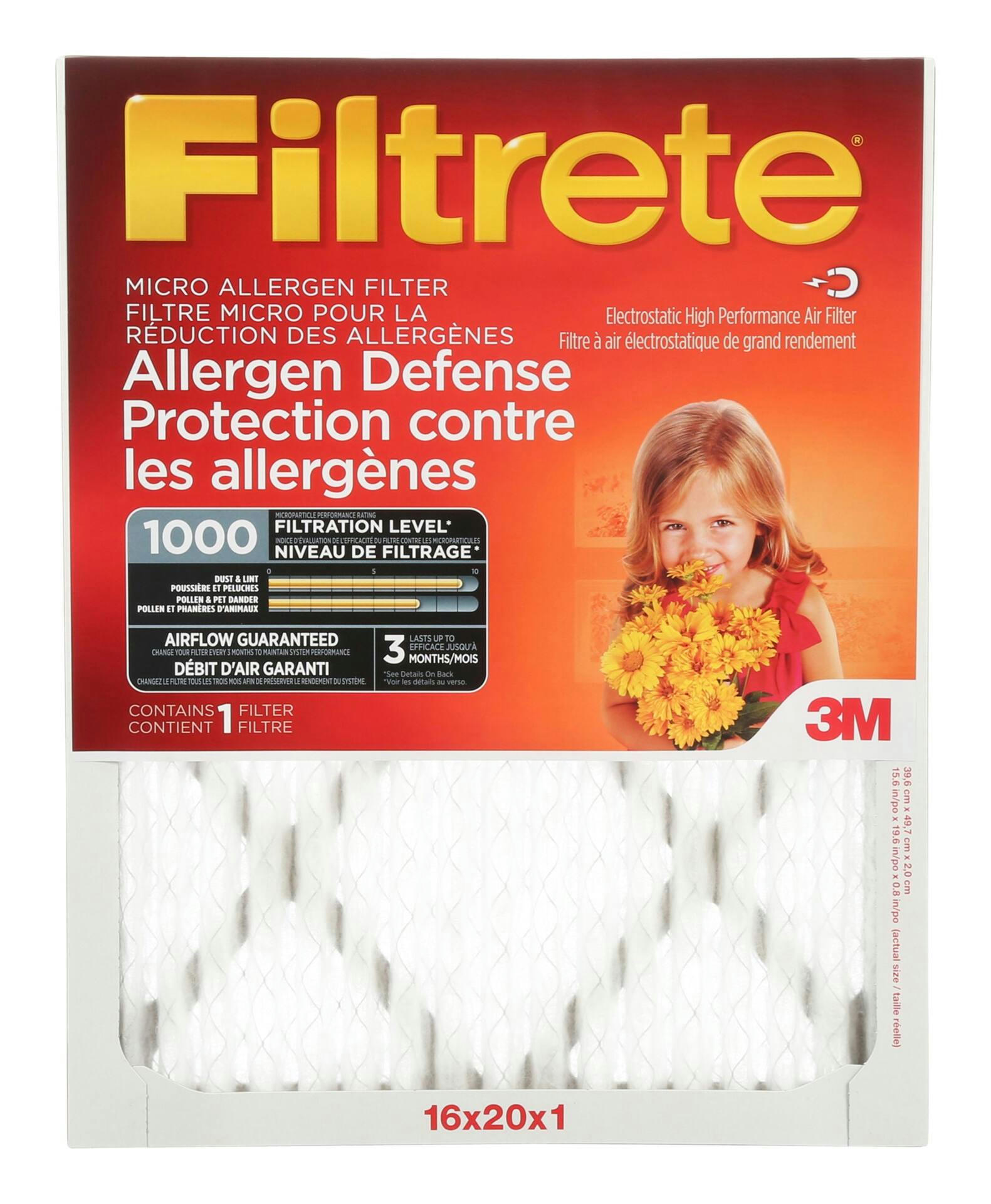 3M™ Filtrete™ Allergen Defense Micro Allergen Air Filter, MPR 1000, 16 x 20 x 1-in, 1-pk