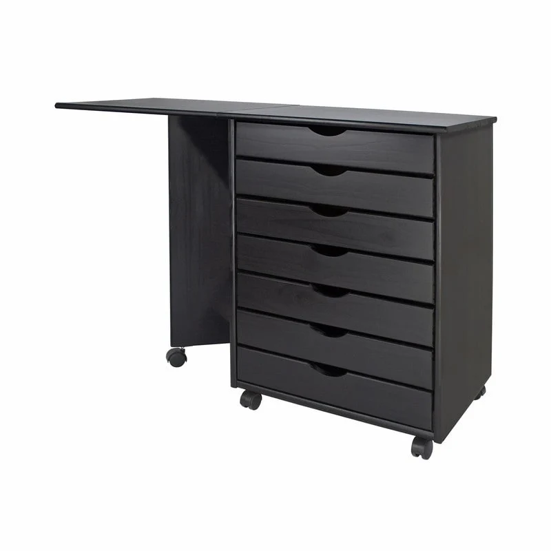 Adeptus Original Roll Cart, Solid Wood, 7 Drawer Gate Leg Roll Cart Desk, Extra Wide Drawers, Black