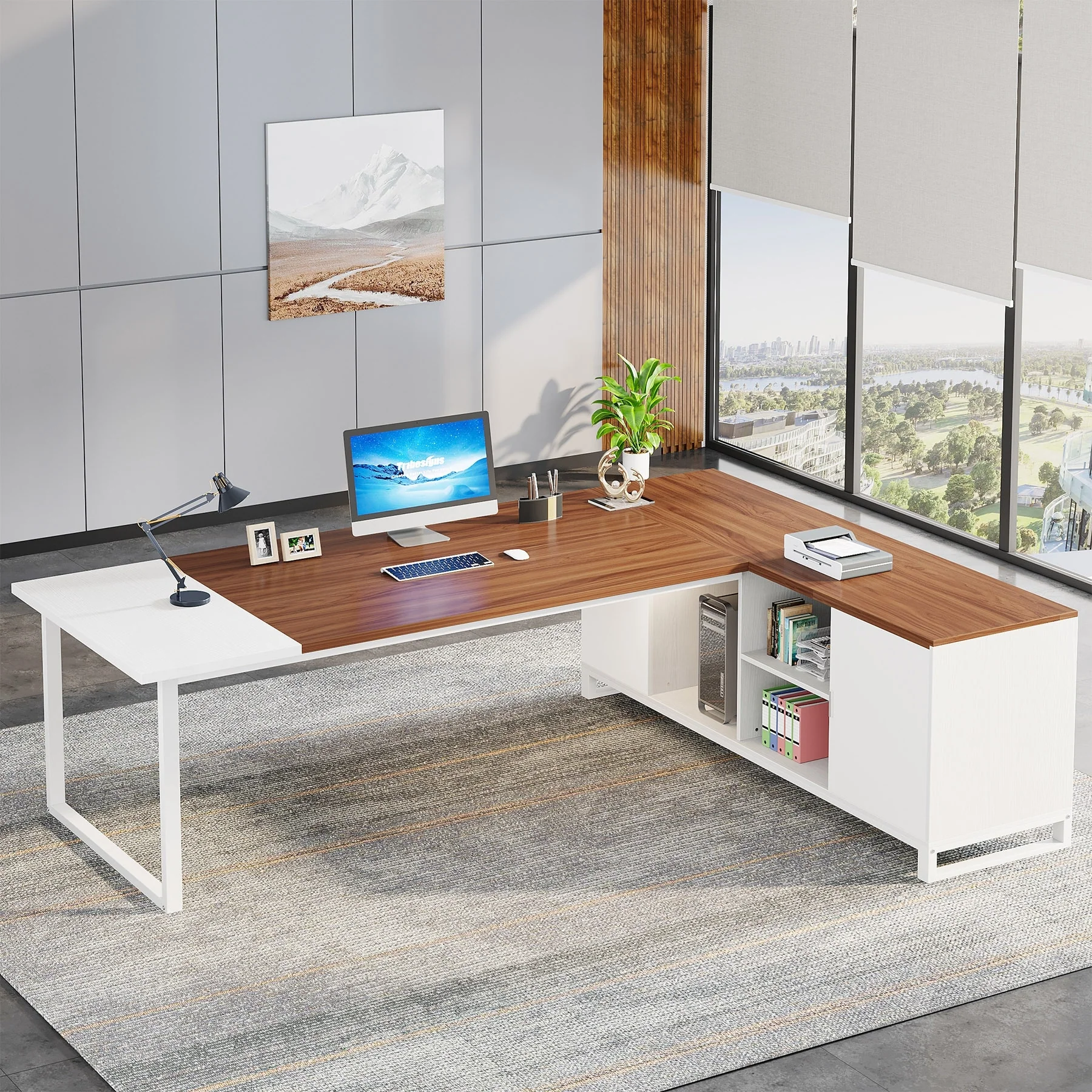 Executive Desk and File Storage Cabinet Set, L-Shaped Computer Desk for Home Office