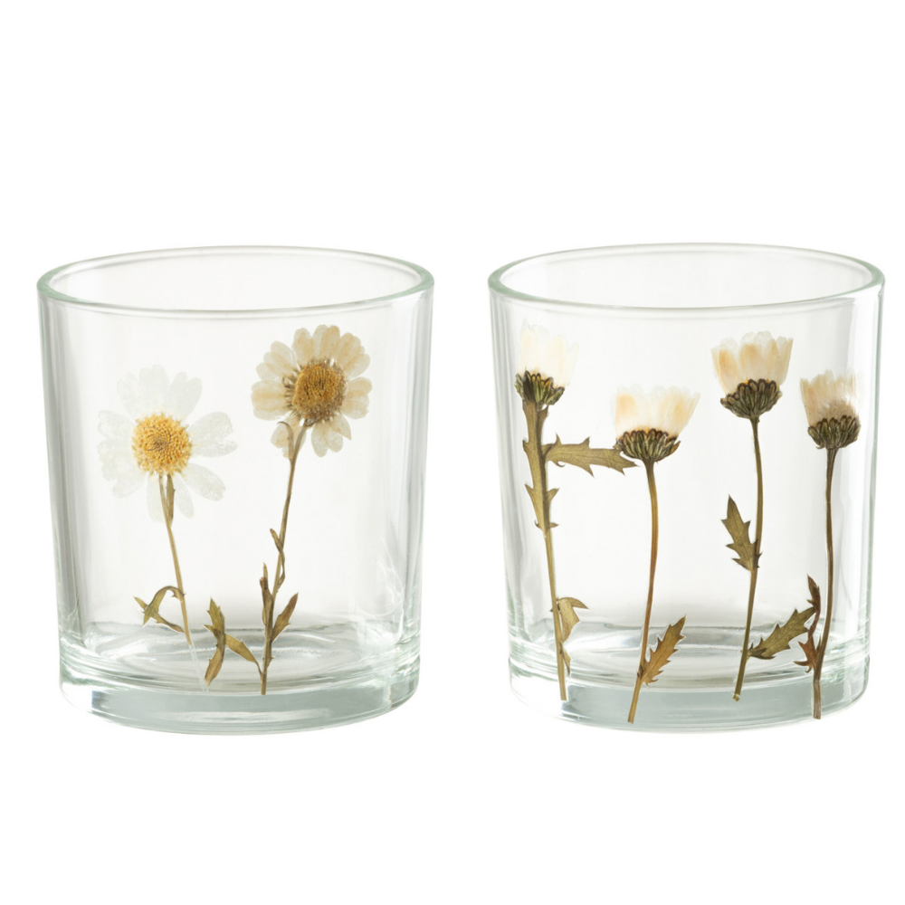 J-Line windlicht Bloem Madeliefje - glas - mix - small - 2 stuks