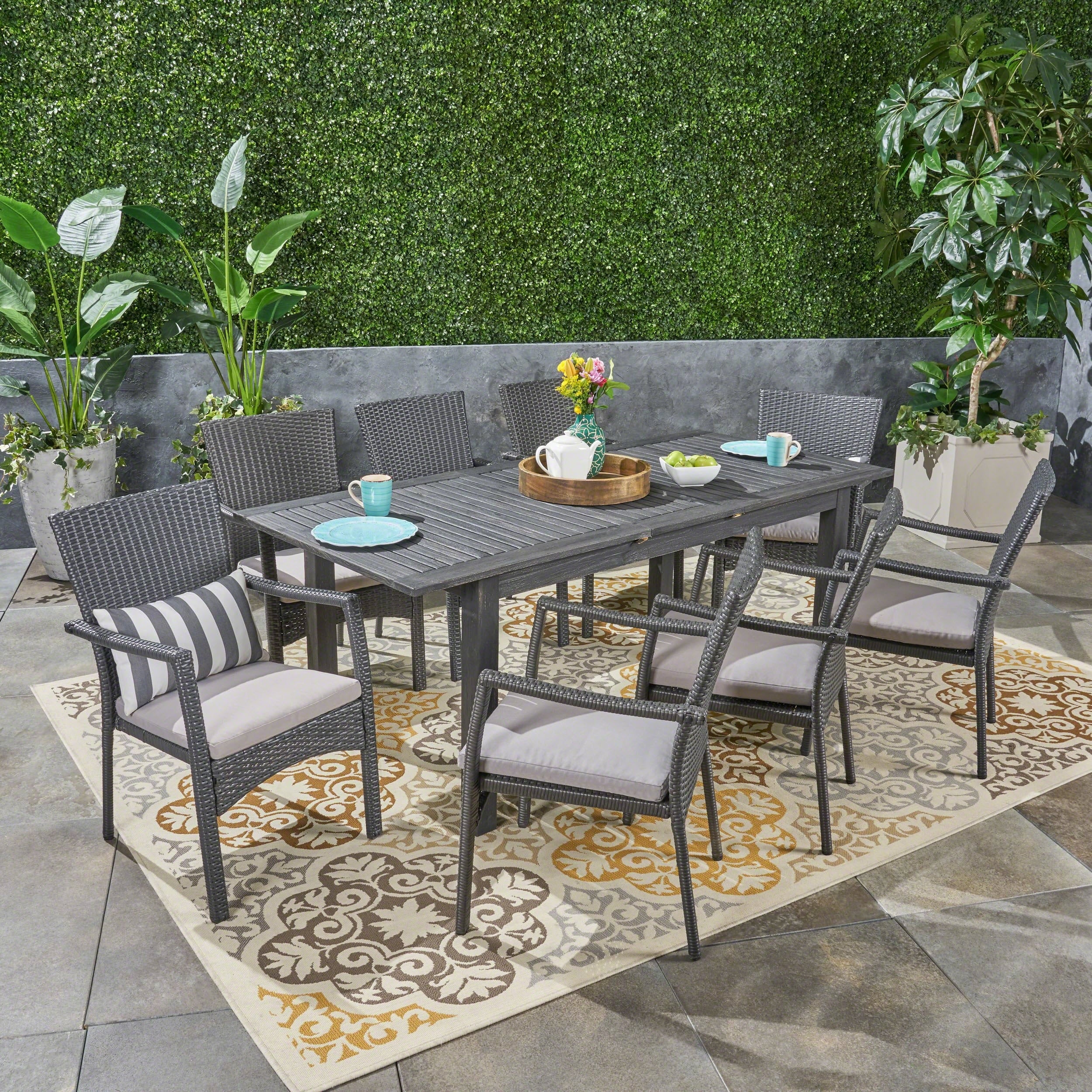 Davenport Outdoor 9 Piece Wood and Wicker Expandable Dining Set by Christopher Knight Home