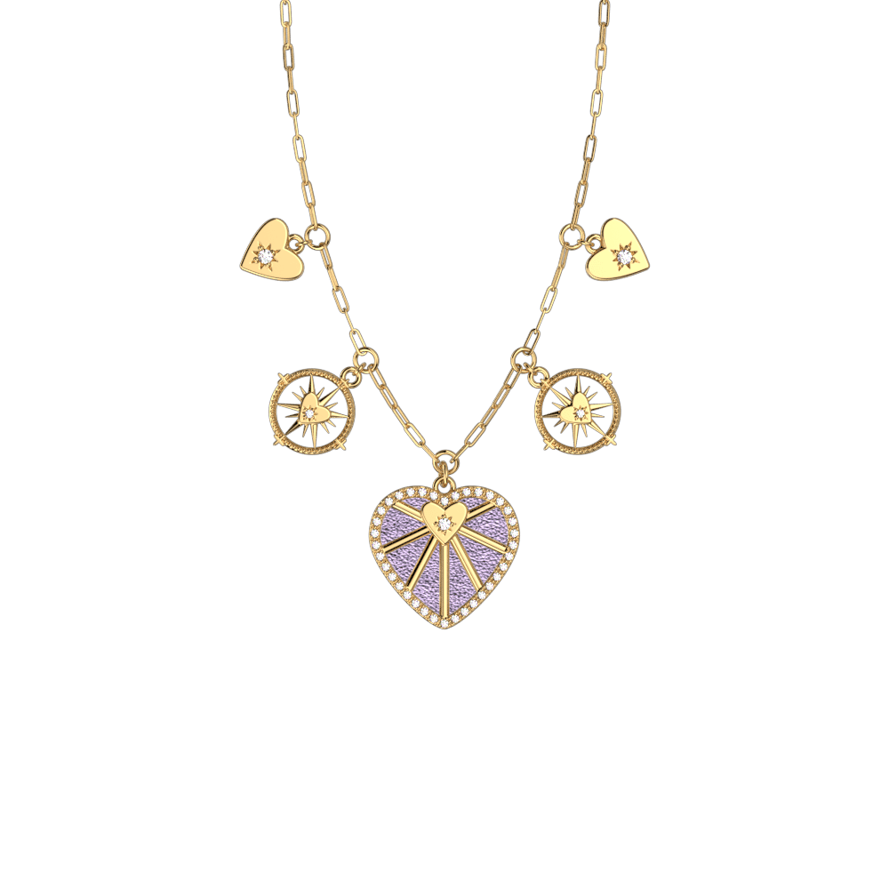 Collier Cœur Céleste, cuir réversible Violette Sauvage / Lavande Métallisée