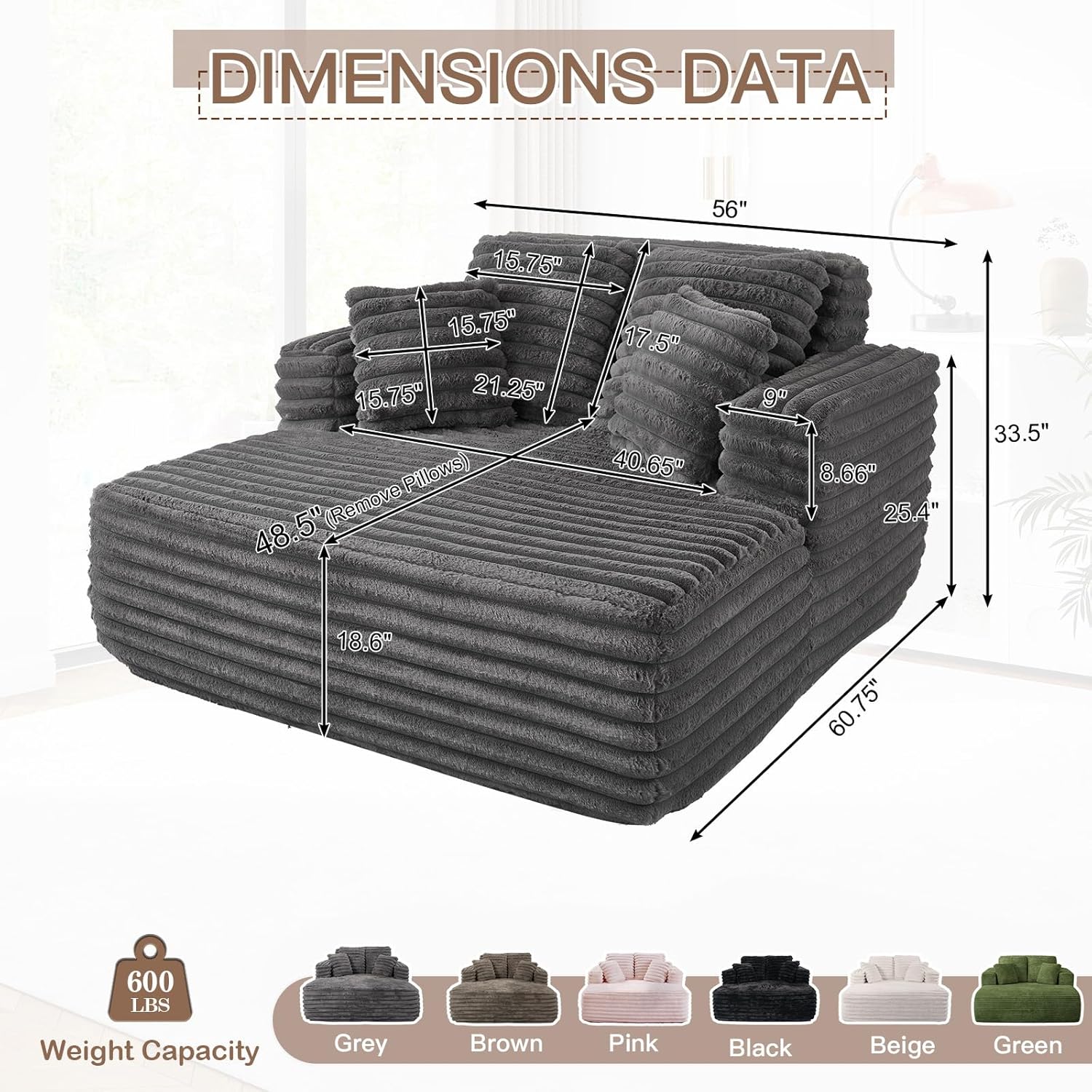 56 Oversized Chaise Lounge Chair Indoor,Plush Faux Fur Sleeper Sofa Couch Bed with Pillows&Wide Armrests,Fluffy Comfy Cloud Couch,Compression Foam Couch for Living Room,Bedroom(Grey)
