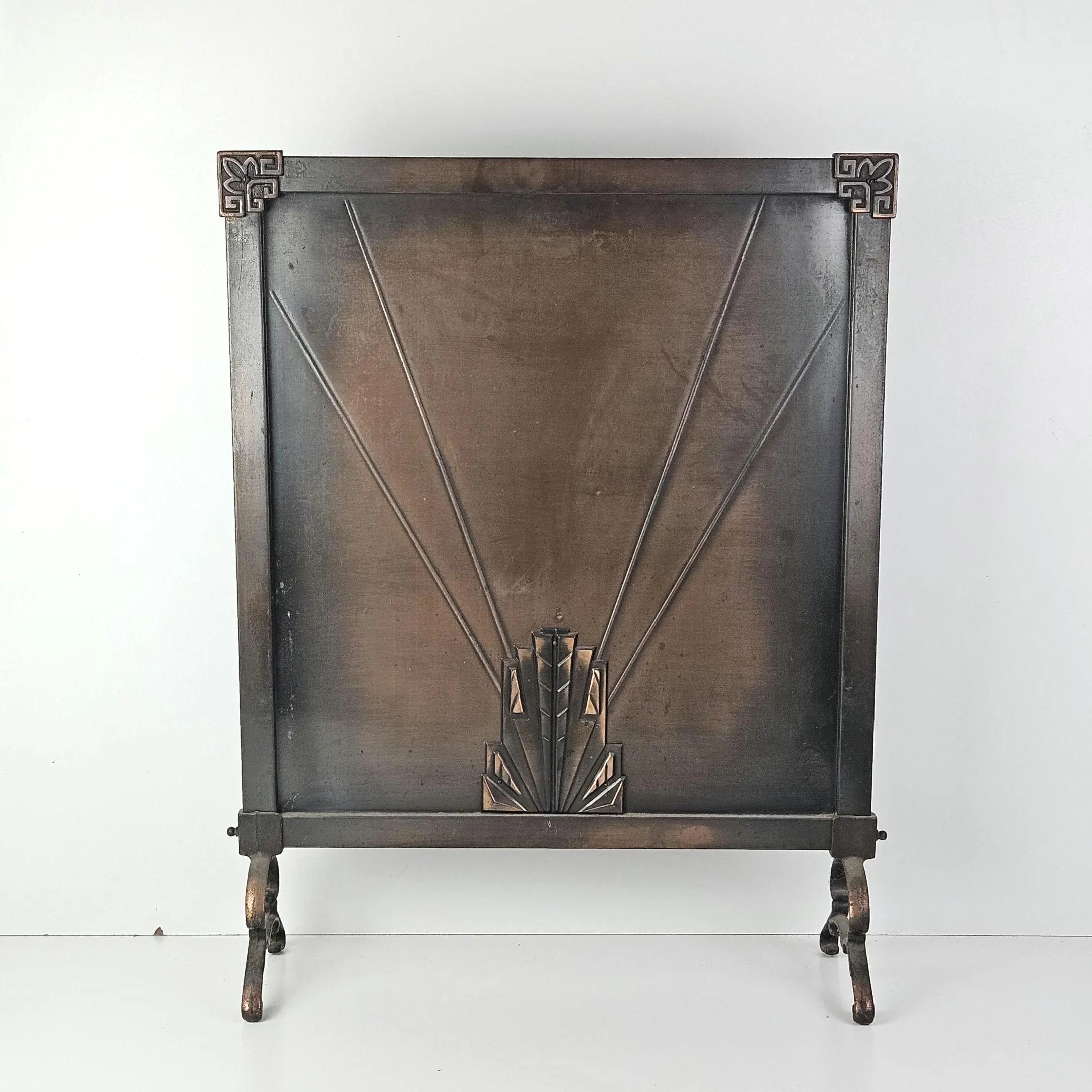 Vintage Art Deco Geometric Metal Fire Screen With Decorative Corner Elements.