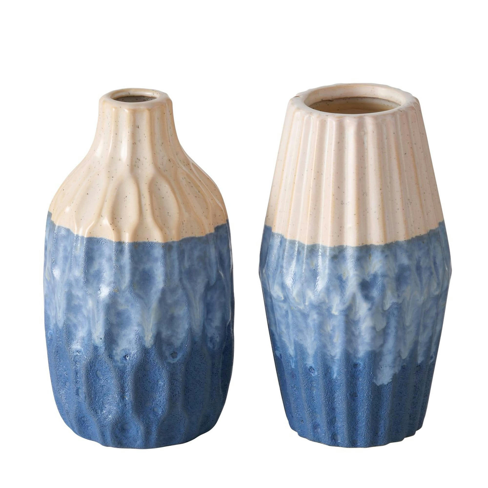 - Set de 2 vases en poterie blanc crème et bleu H21cm