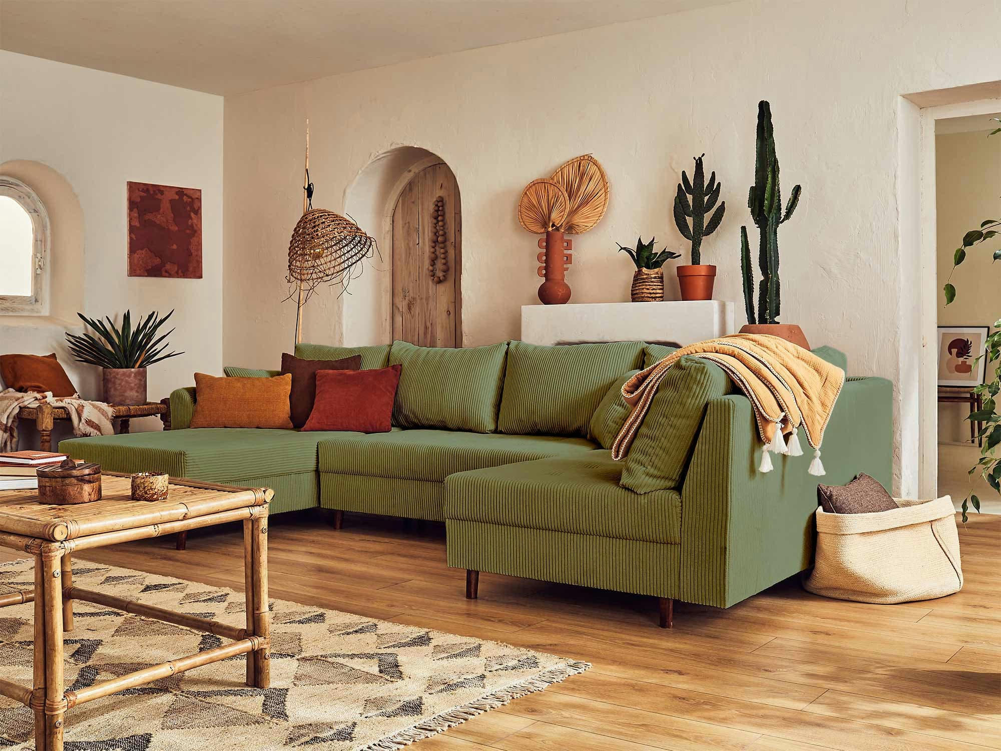 RUNE - Canapé d'angle droit 7 places en velours côtelé vert