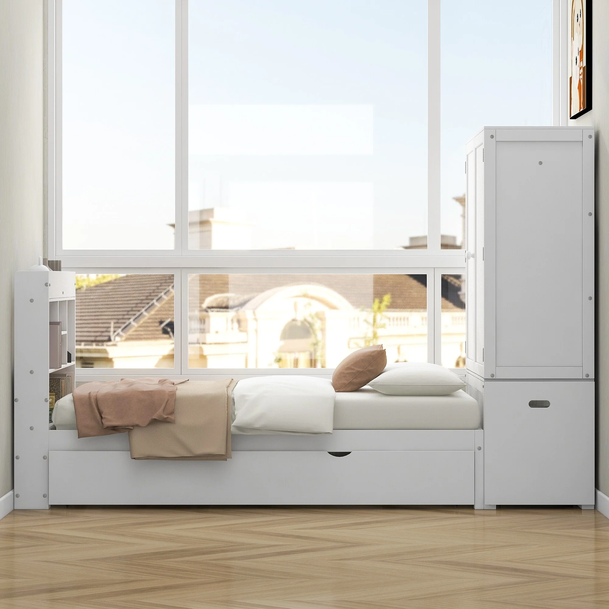 Twin Size Platform Bed with Storage Wardrobe Headboard, Pull-Out Trundle and Mobile Shelves, Footboard Organizer