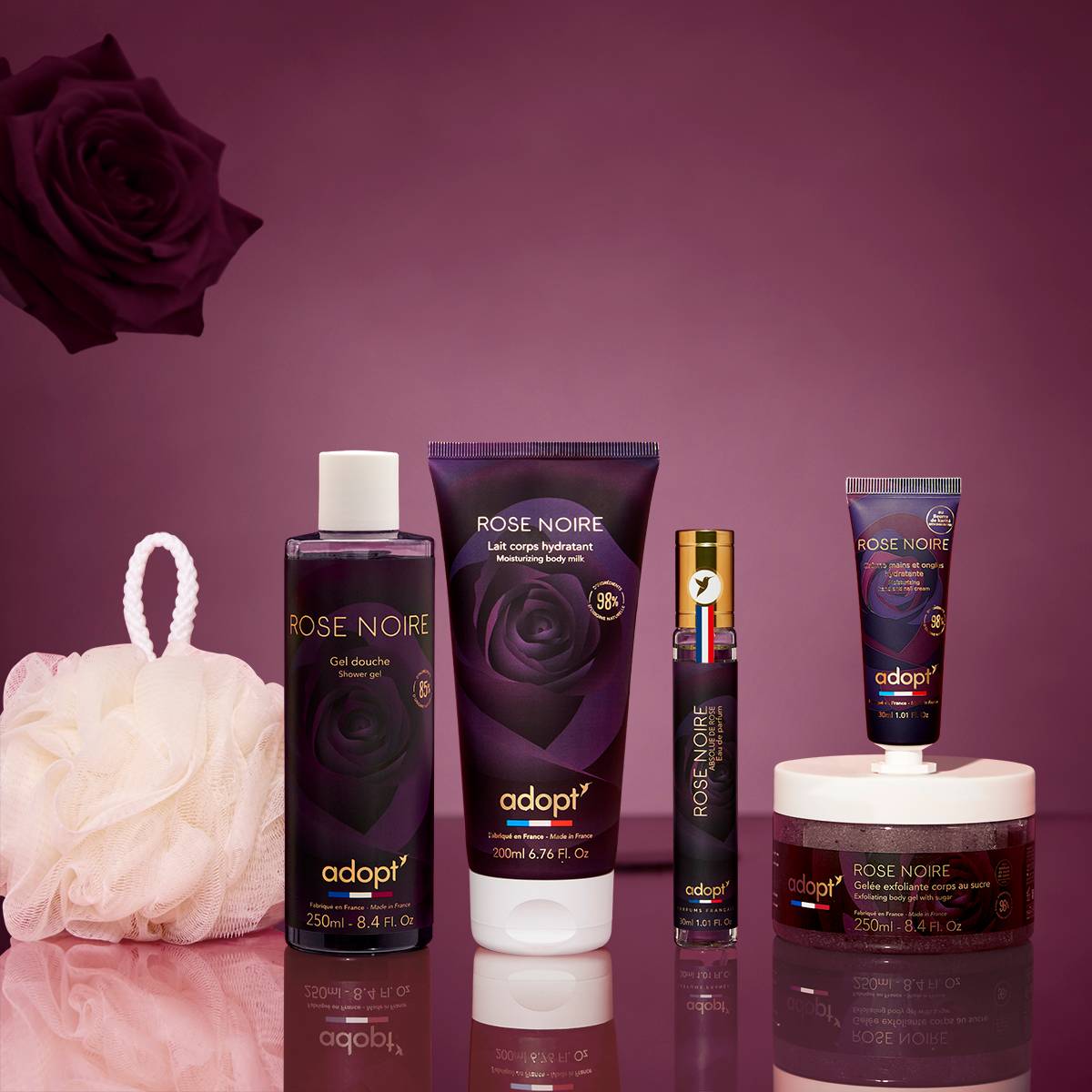Rose NoireCoffret maxi eau de parfum Rose Noire 30 ml   gel douche 250 ml   lait corps 200 ml   crème pour les mains 30 ml   gommage au sucre 250ml   fleur de bain