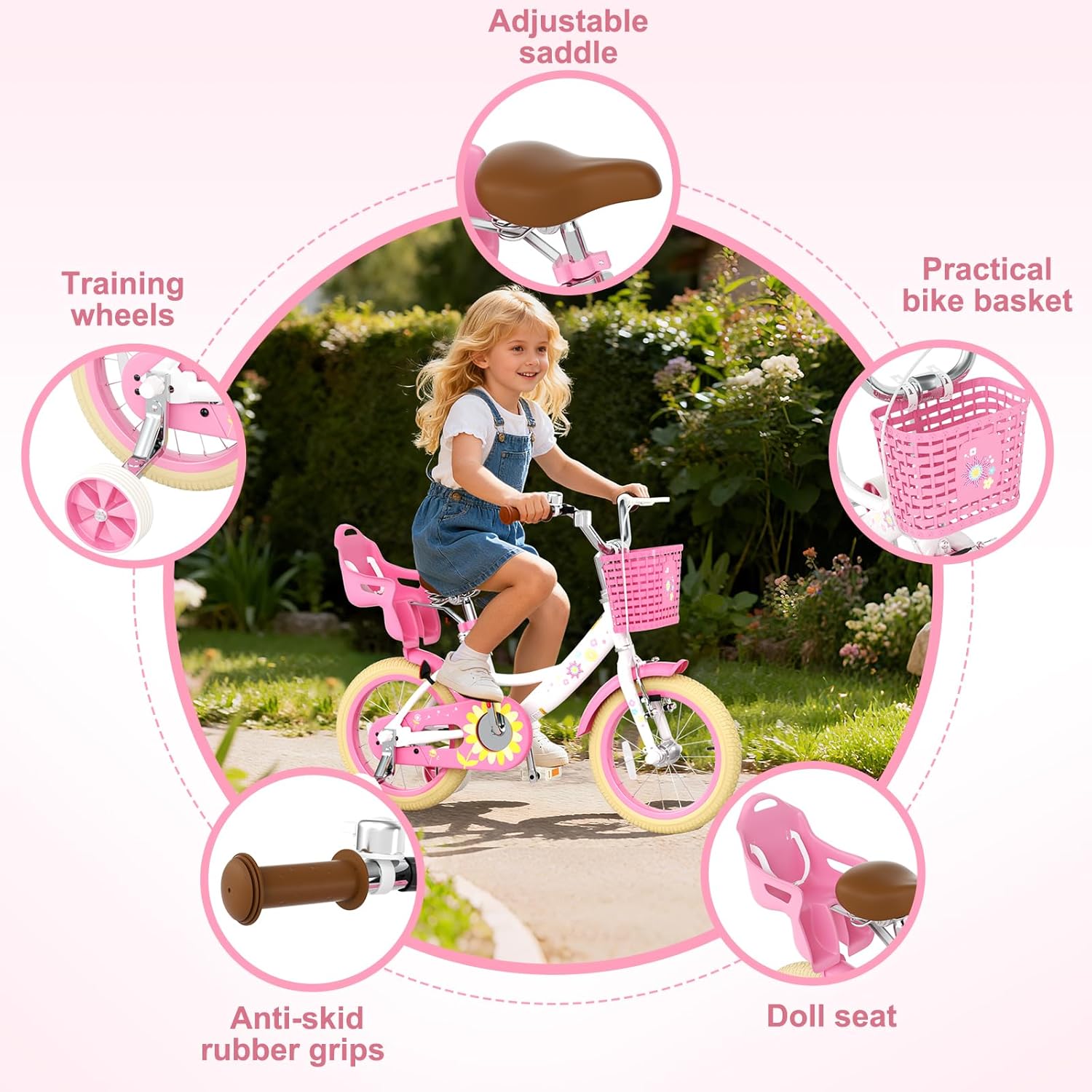 Glaf Toddler Girls Bike for Age 2-9 Years Old 12 14 16 Inch Girls Bike with Training Wheels and Doll Seat Kids Bike Bicycle with Basket Adjustable Seat