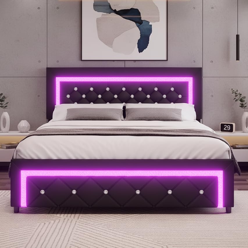 BarnFurin Queen Size Bed Frame with LED Lights, Upholstered Platform Bed with Diamond Tufted Headboard, No Box Spring Needed, Noise Free, Easy Assembly, Black