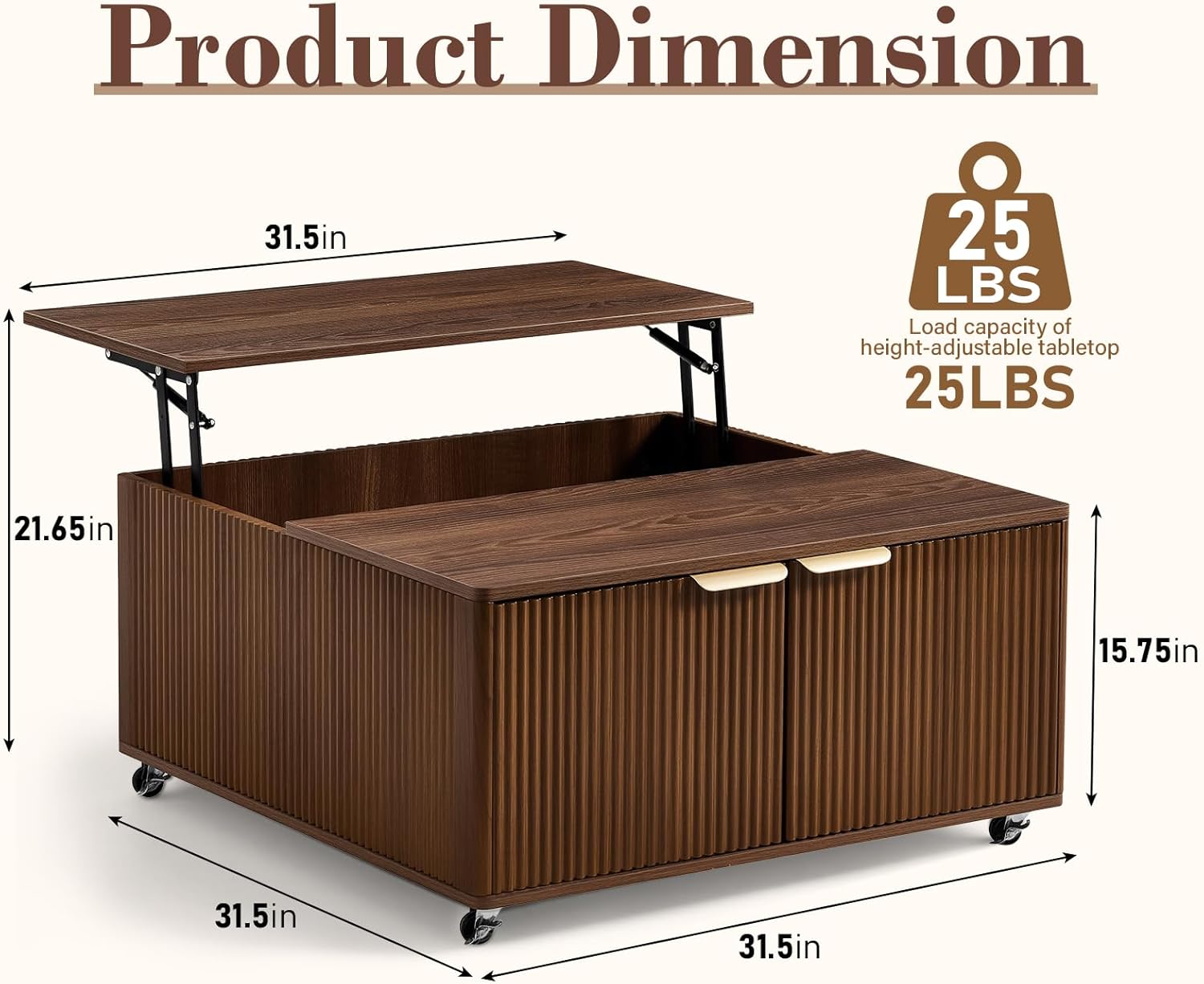 Fluted Lift Top Coffee Table on Wheels, Walnut Storage Coffee Table with Adjustable Height for Living Room, Office