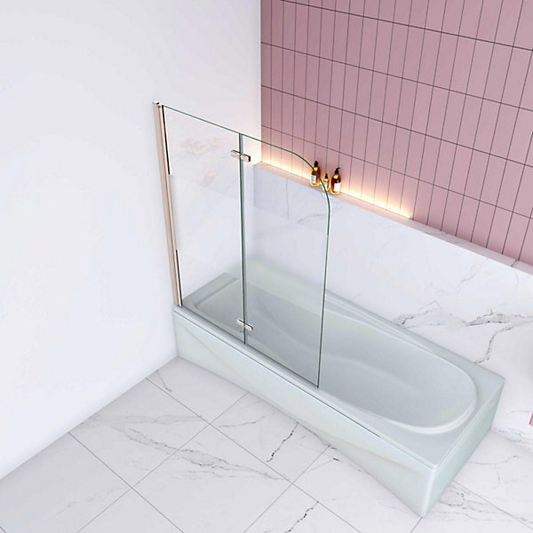 Pare baignoire Chrome au angle arrondis pivotant 180 degrés L100xH140cm, 6mm verre anticalcaire avec bande central dépoli