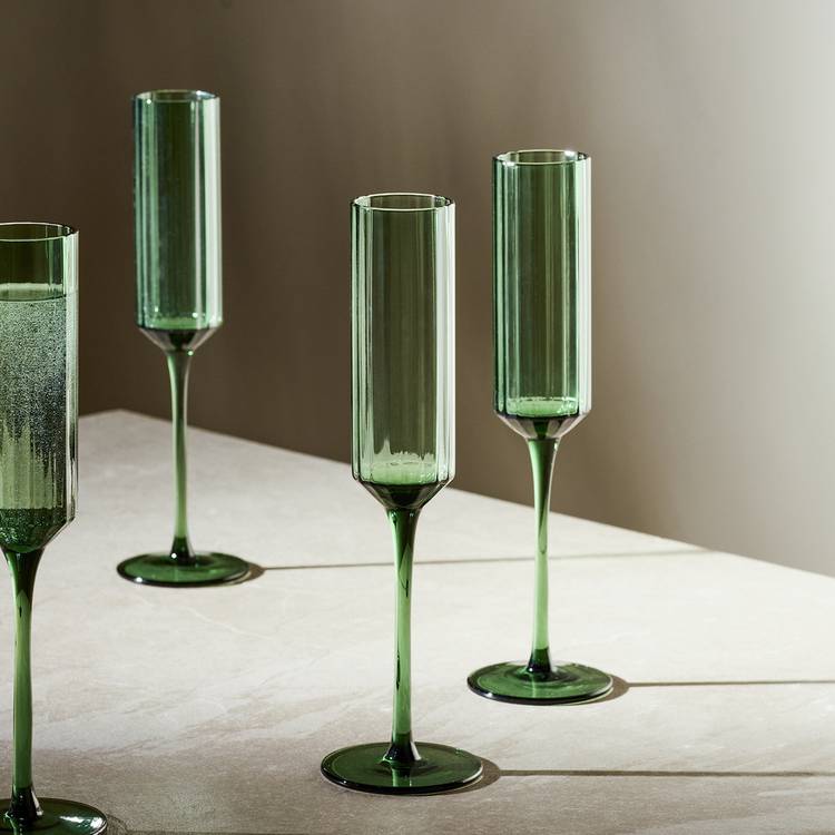 Habitat Green Wide Ribbed Set of 4 Champagne Flute