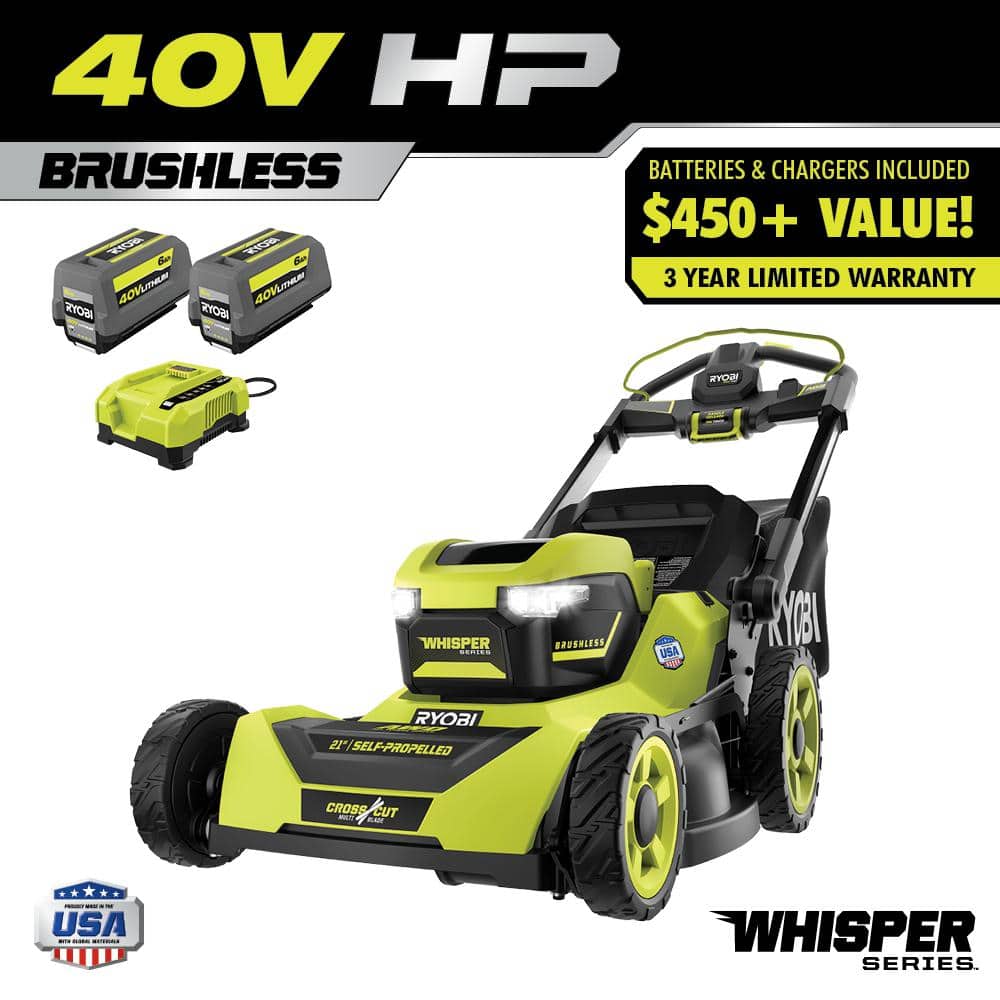 Ryobi 40V HP Brushless 21-in Self-Propelled AWD Lawn Mower Whisper Series ncludes (2) 6.0Ah Batteries and Charger