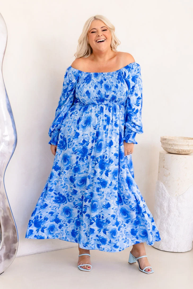 Amelia Maxi Dress in Blue Roses