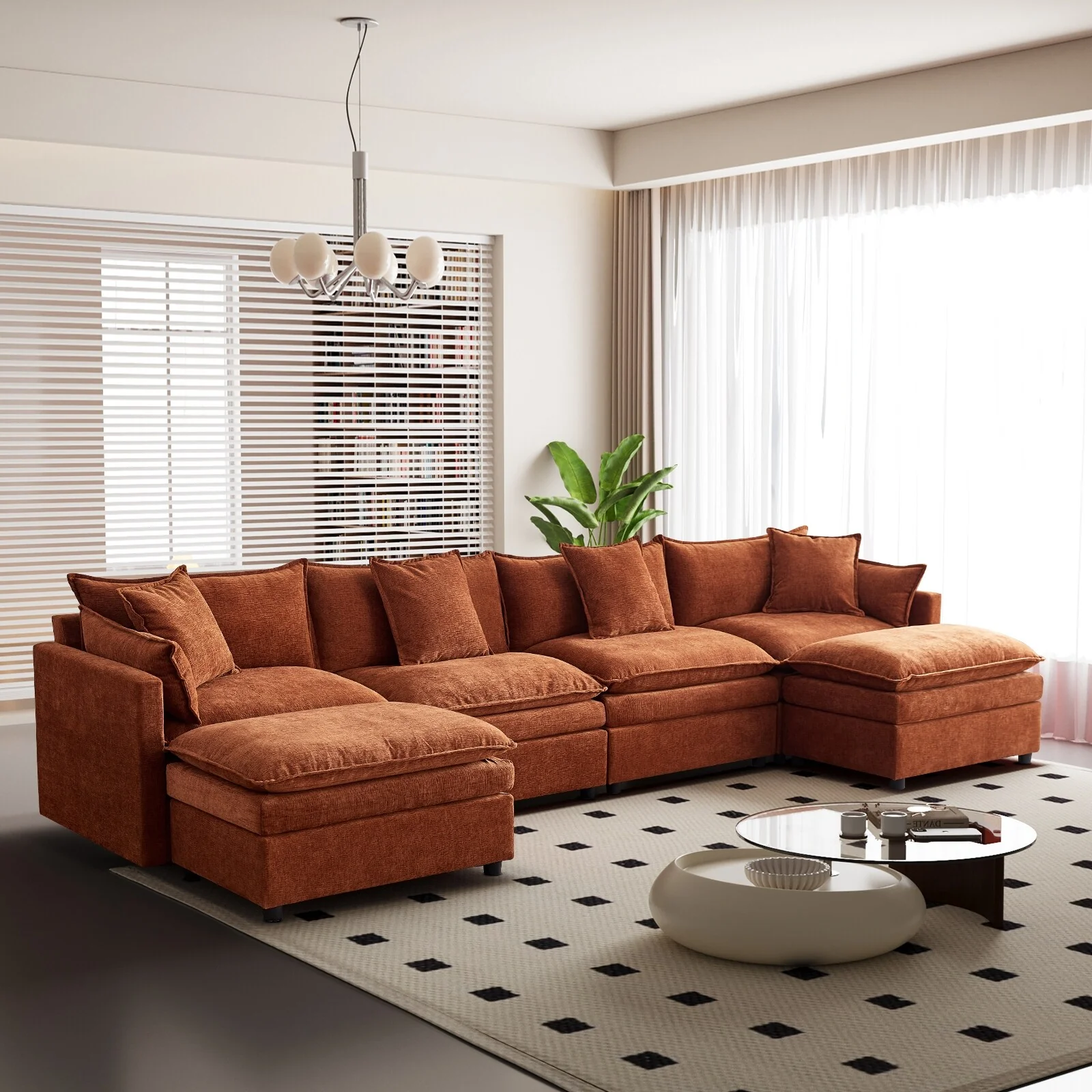 142.52 U-Shaped 6 Seater Sectional Sofa with Convertible Chaise and Ottomans, Spacious Cloud Couch