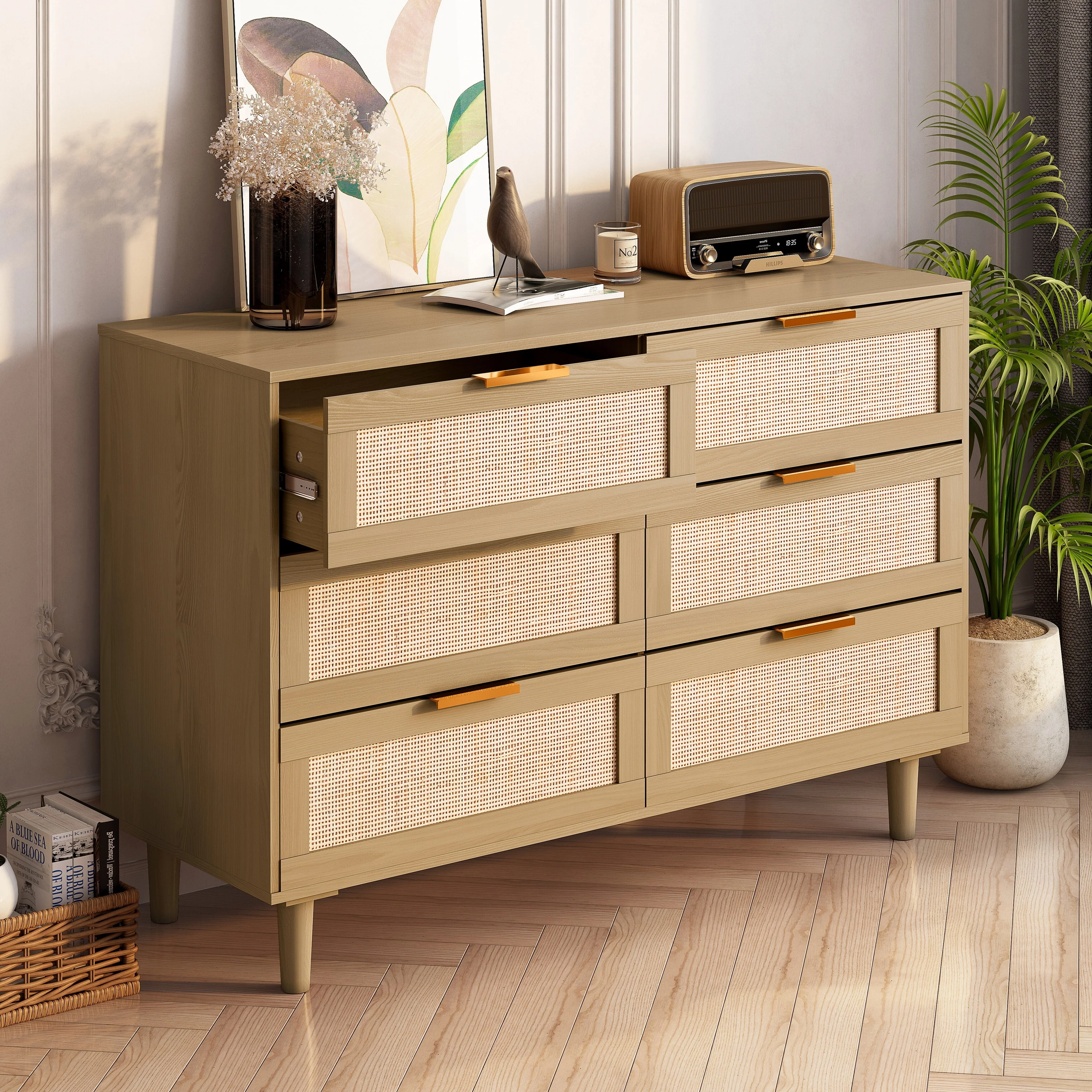 6 Drawer Rattan Bedroom Dresser, Wooden Wide Dresser, Clothes Storage Cabinet with Solid Wood Legs and Rattan Drawer