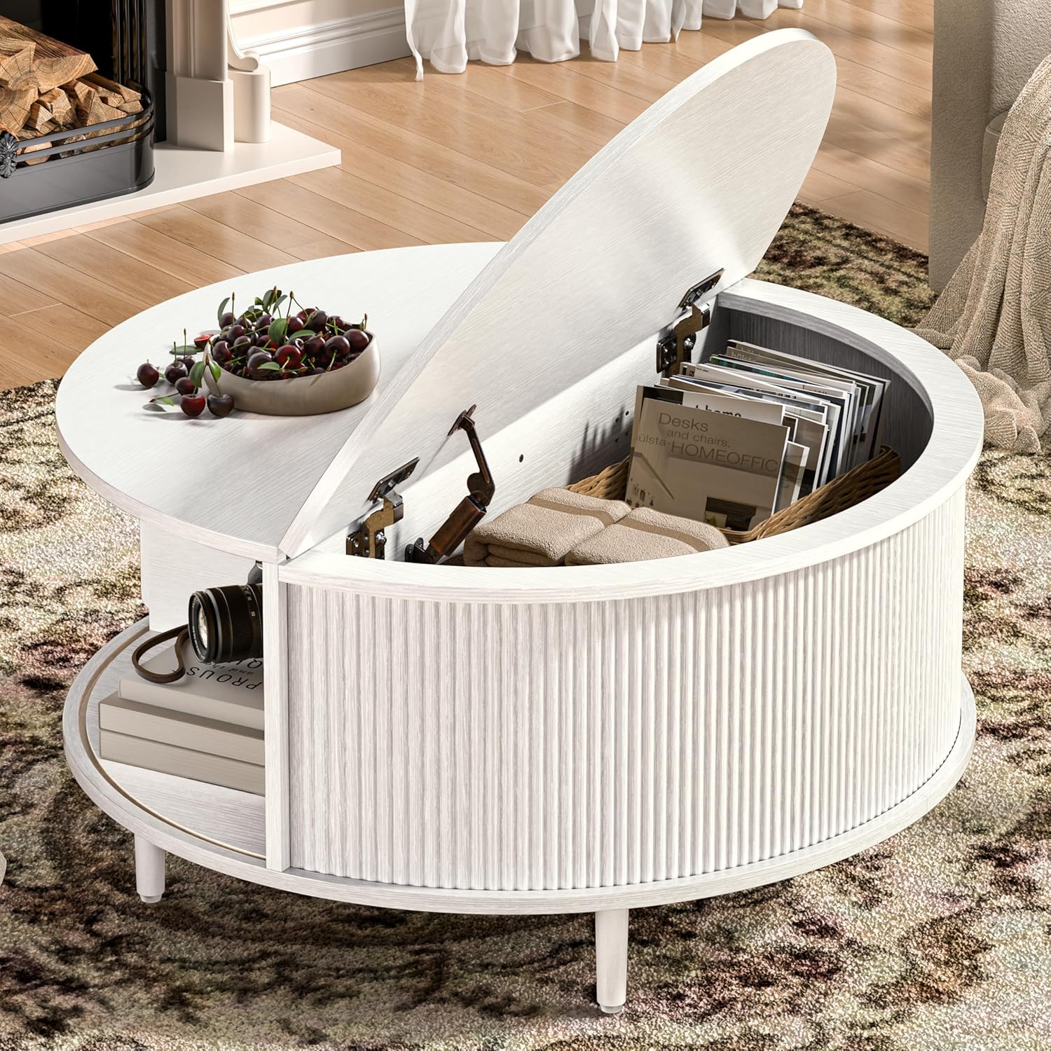Round Coffee Table, 31.5 Fluted Center Table with Storage, Lift-Top Coffee Table with Adjustable Footpads, Sliding Door, Mid-Century Modern Center Table for Living Room, Small Space (White)