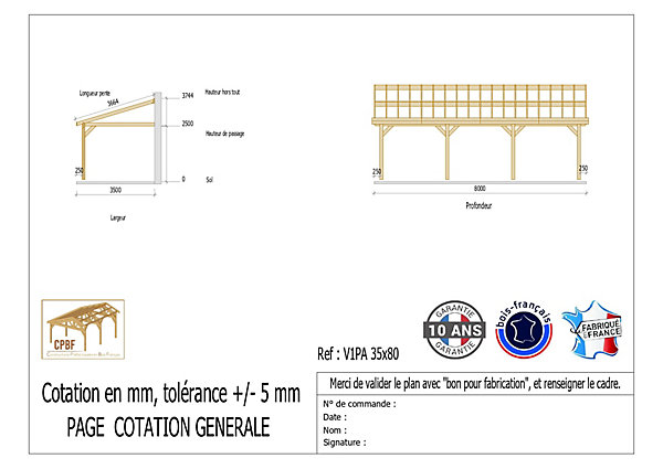 Carport adossé une pente 350cmx800cm, bois DOUGLAS Français (Charpente en bois-auvent-abri voiture) 28 m². Garantie 10 ans