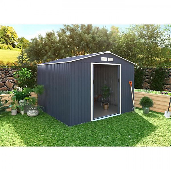 Abri de jardin en métal 7,06 m² - 277 x 255 x 202 cm - MERCURE - Kit d'ancrage inclus, 2 portes coulissantes - Gris