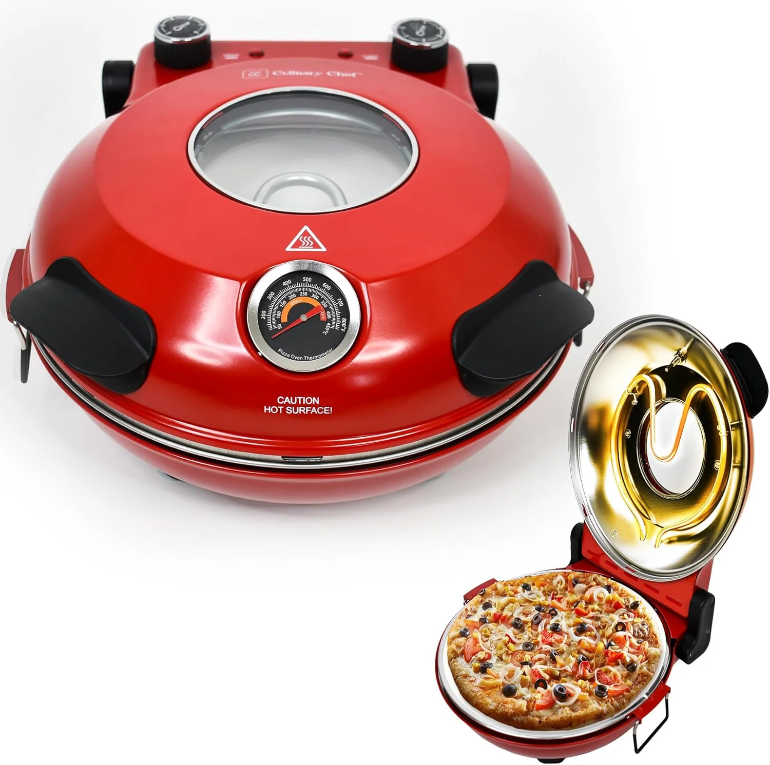 Electric Pizza Oven with Ceramic Stone, Viewing Window, Adjustable Heat Control, Timer and 1200W Baking Power, DIY Homemade Pizzeria, Large 12 Pie Capacity (Black)(Red)