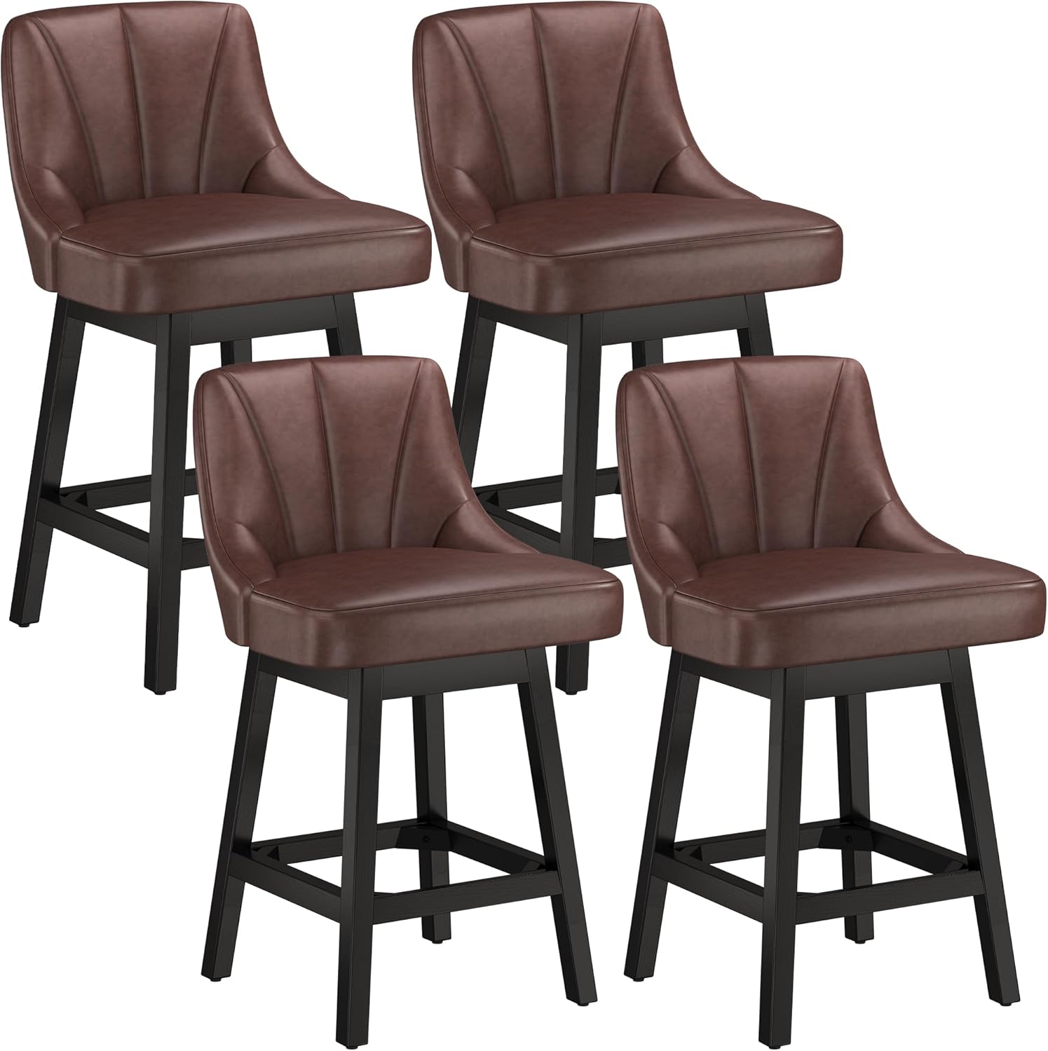 Swivel Bar Stools with Backs, 26 Counter Height Bar Stools Set of 4, Modern Leather Extra Upholstered Counter Barstools with Square Solid Wood Legs for Kitchen Island, Dining Room, Brown