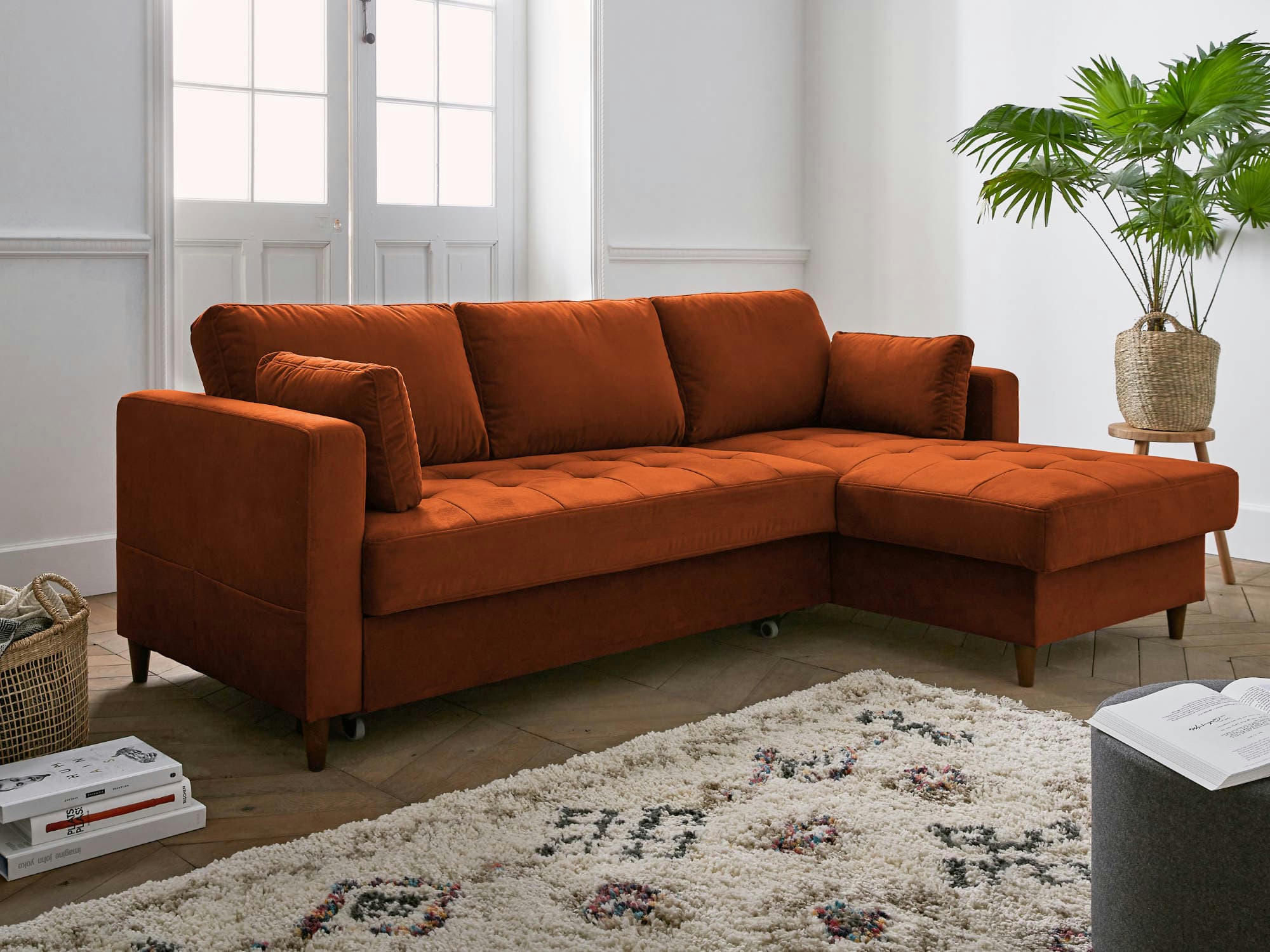 ANNA - Canapé d'angle droit convertible 4 places en velours rouille