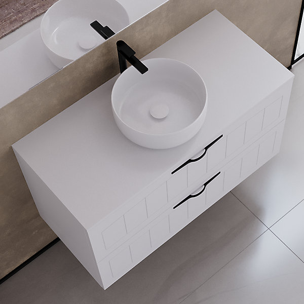 Meuble de salle de bain 100cm avec plateau et vasque à poser ronde - 2 tiroirs - sans miroir - blanc - PIA