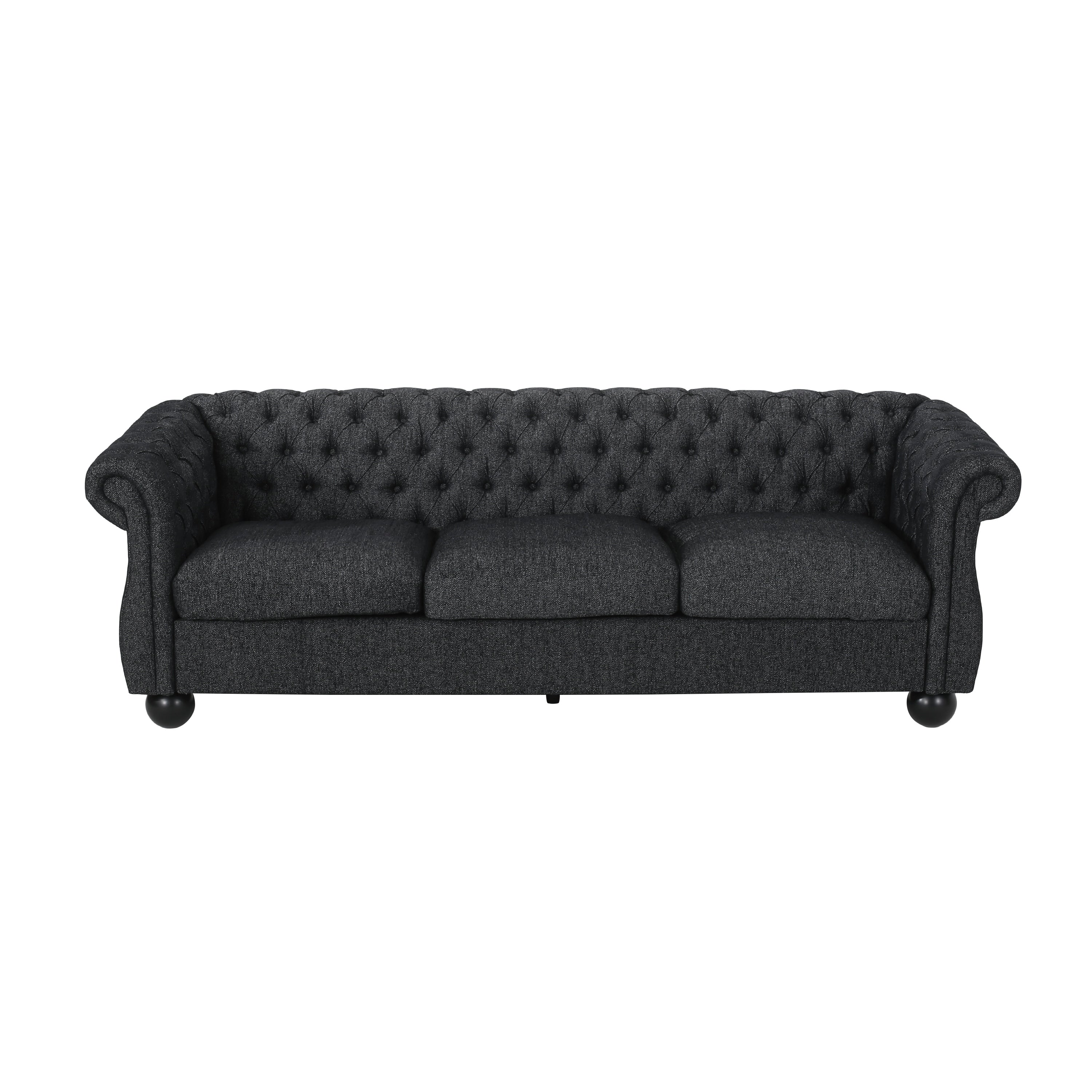 Black 83.25 Polyester 3-Seater Retro Tufted Sofa with Solid Wood Legs, Elegant and Durable for Living Room or Study