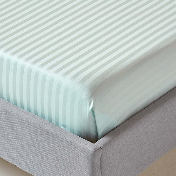 Drap plat satin rayé en coton égyptien 330 fils bleu, 180x290 cm - HOMESCAPES