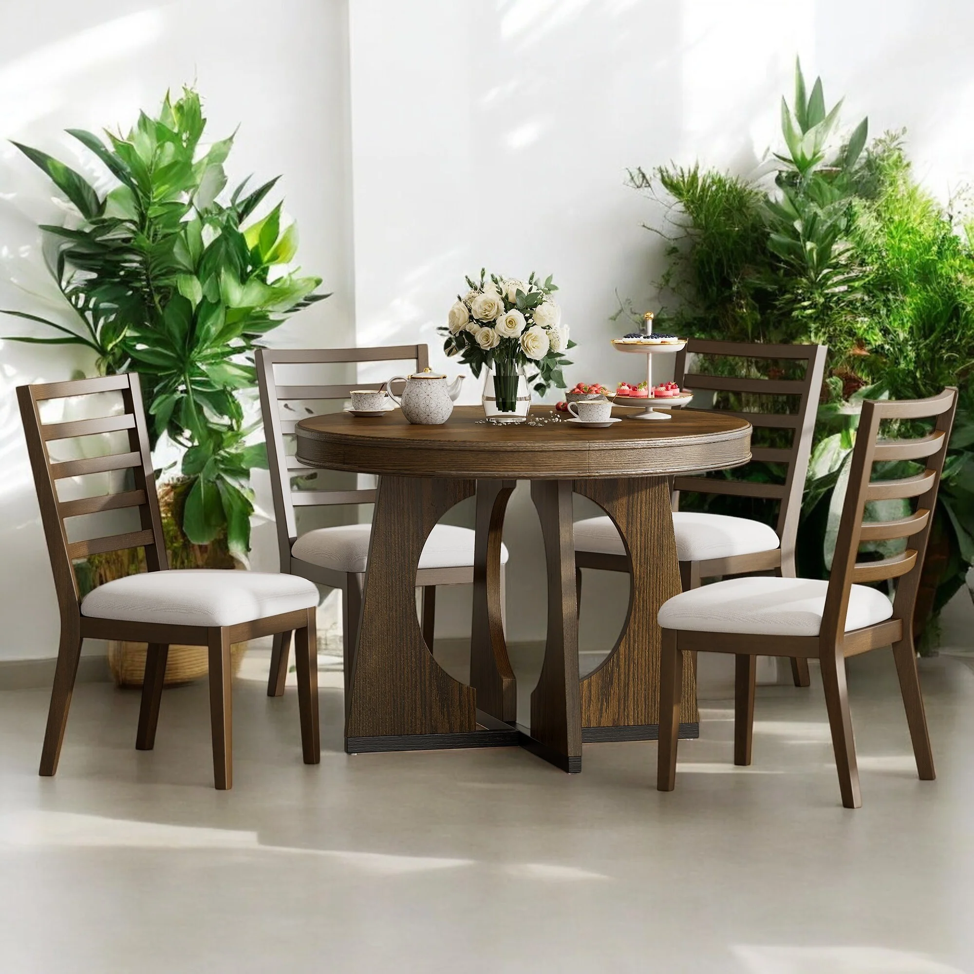 5-Piece Round Extendable Dining Table Set for 4 with Unique Geometric Base & Upholstered Chairs for Kitchen & Dining Room