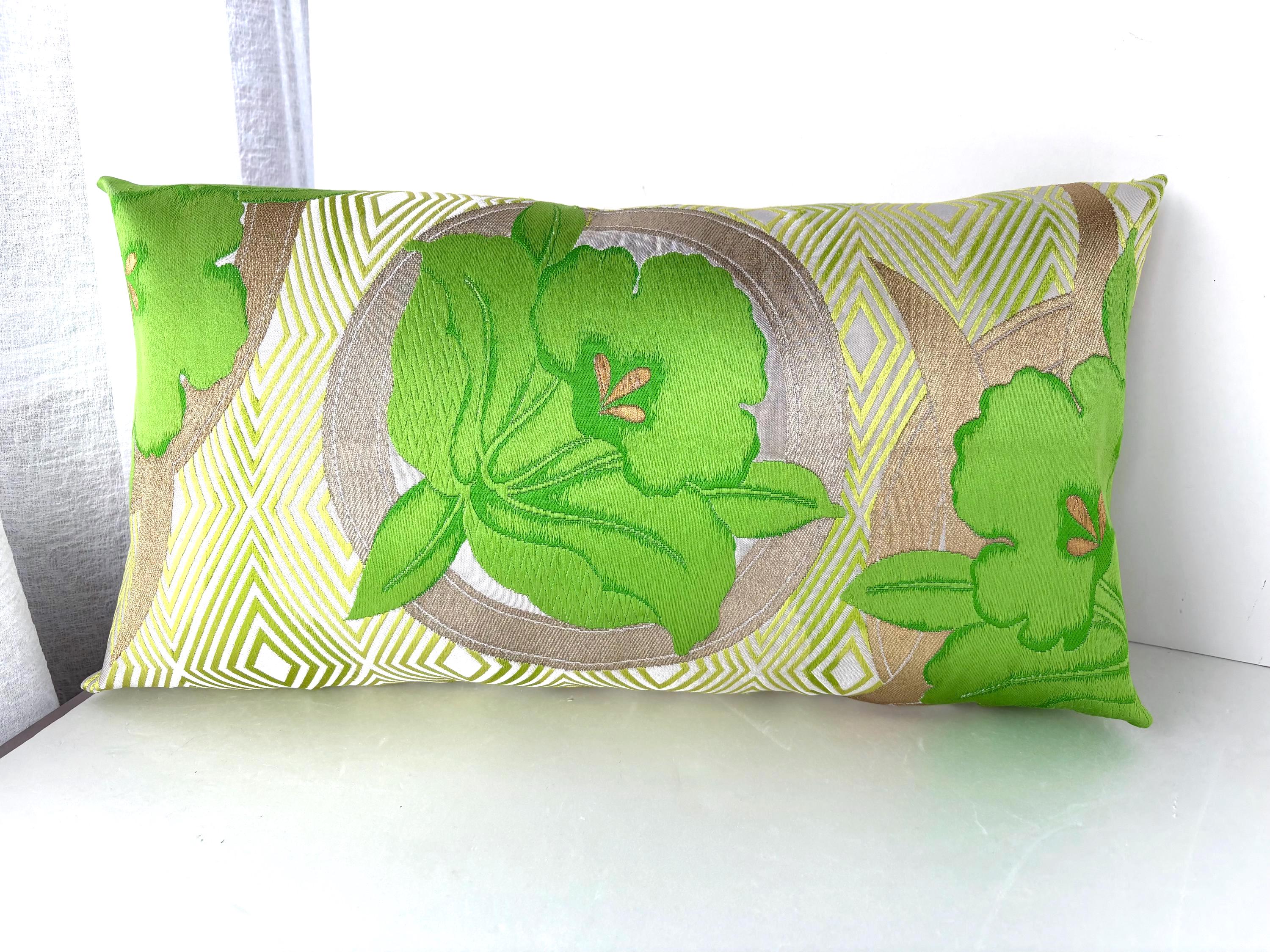 Golden and green floral japanese vintage obi brocade pillow case, sofa bedding, lumbar throw pillow, bright green and gold pillow cushion