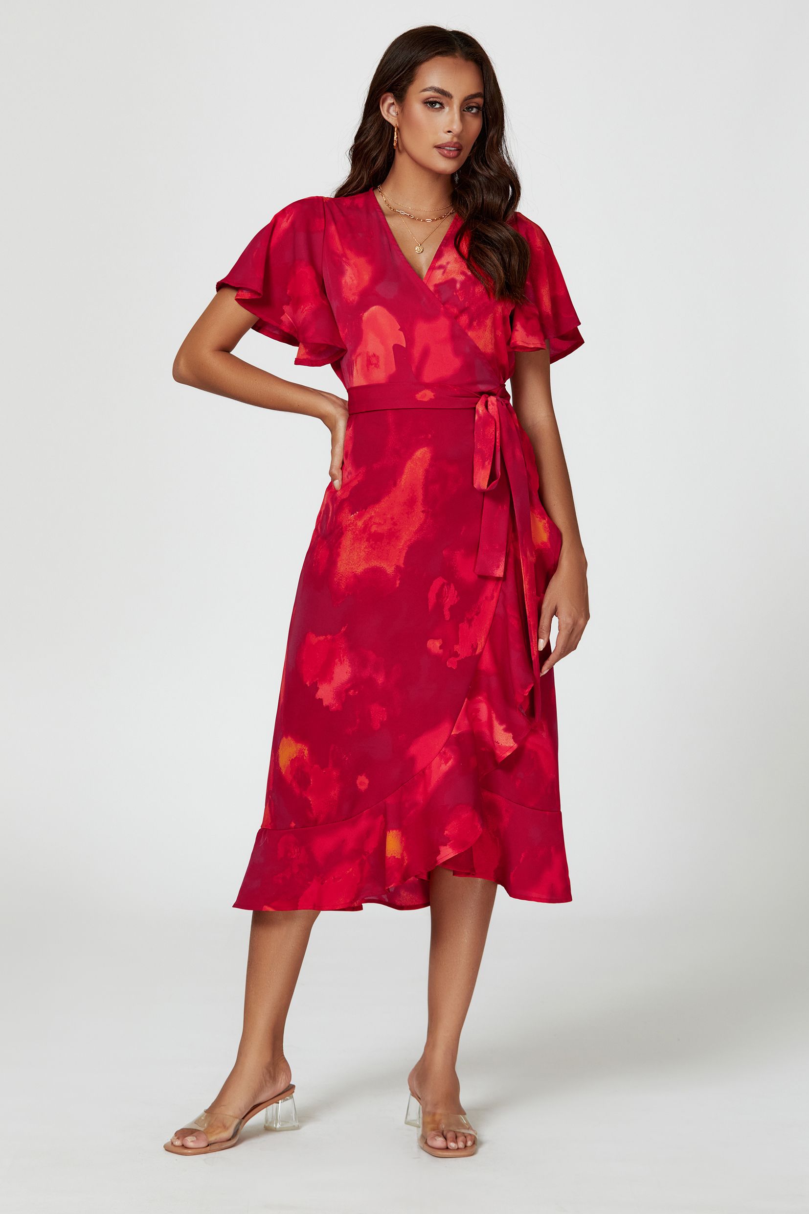 FS Collection Abstract Print Angel Sleeve Wrap Midi Dress In Red