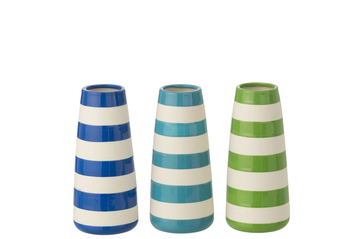 J-Line vaas Gestreept - porselein - groen/blauw - large - set van 3