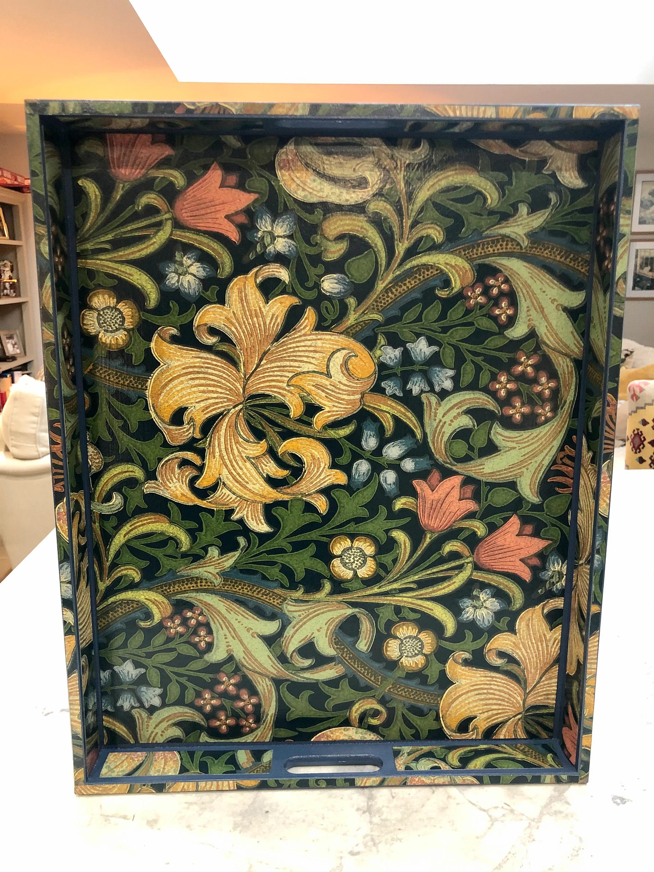 Woodford - William Morris Golden Lily Tray. Large Tray. Breakfast Tray. Coffee table tray. Navy blue tray