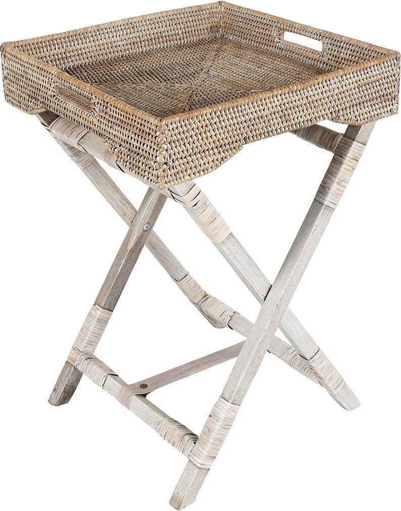 - Plateau sur pied en rotin patiné blanc